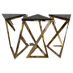 Contemporary Chromed Metal and Smoked Glass Triptych Console Table