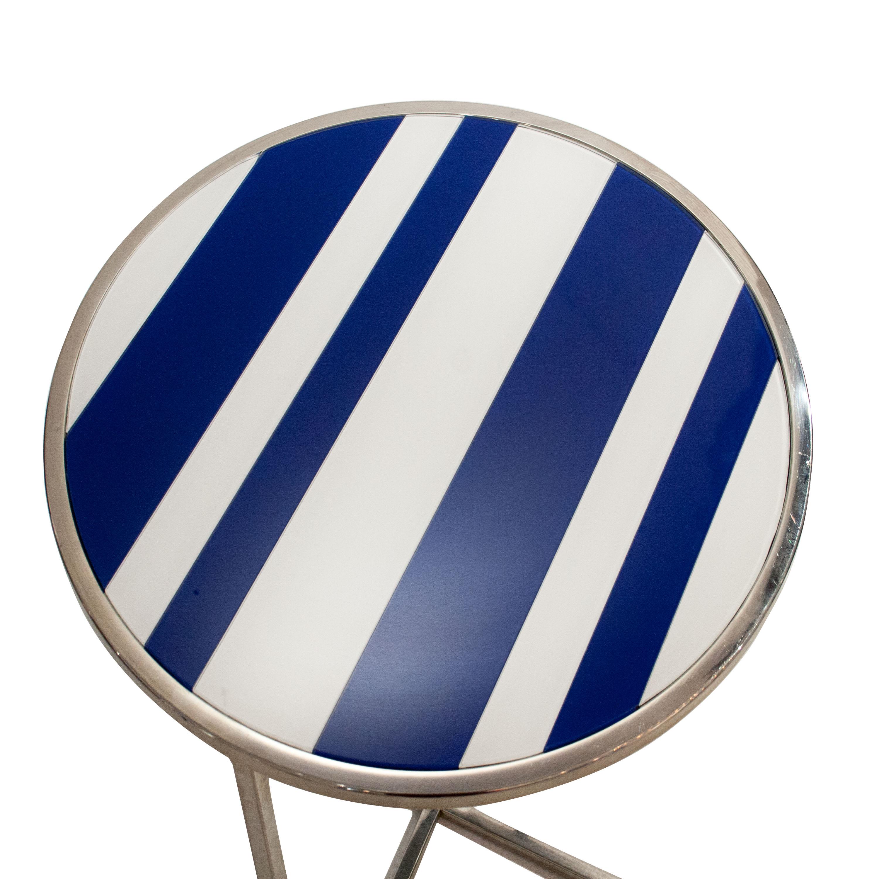 Spanish Contemporary Chromed Steel Blue and White Glass Round Center Table, Italy, 1970
