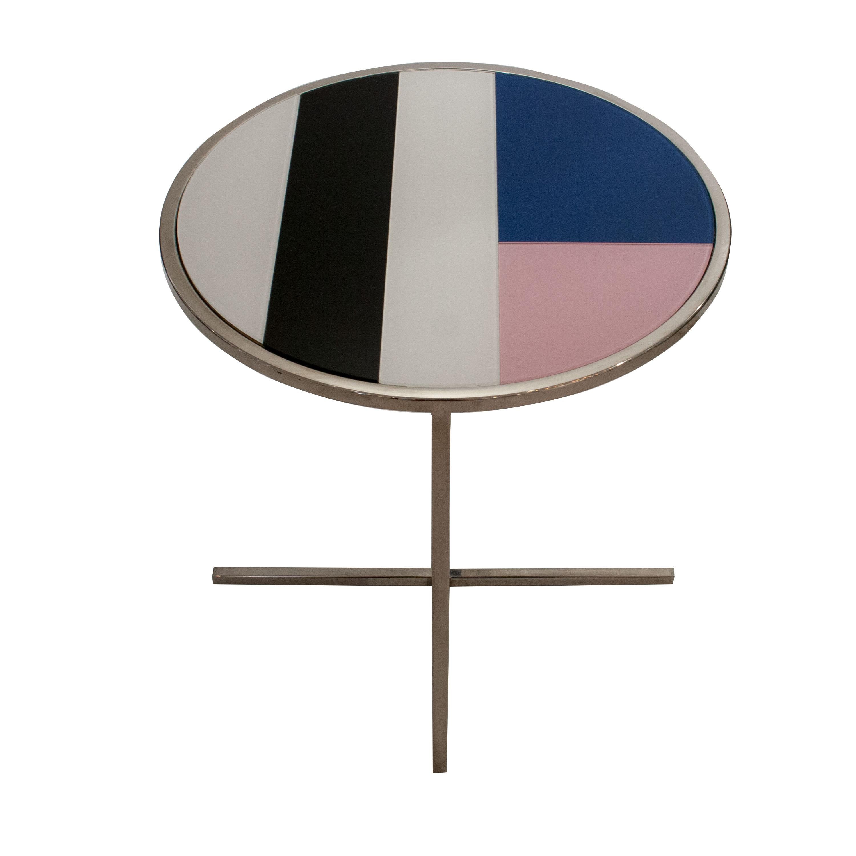 1970´s original side table with a chromed steel structure and an actual glass top designed by IKB191 in white, blue, black and pink.