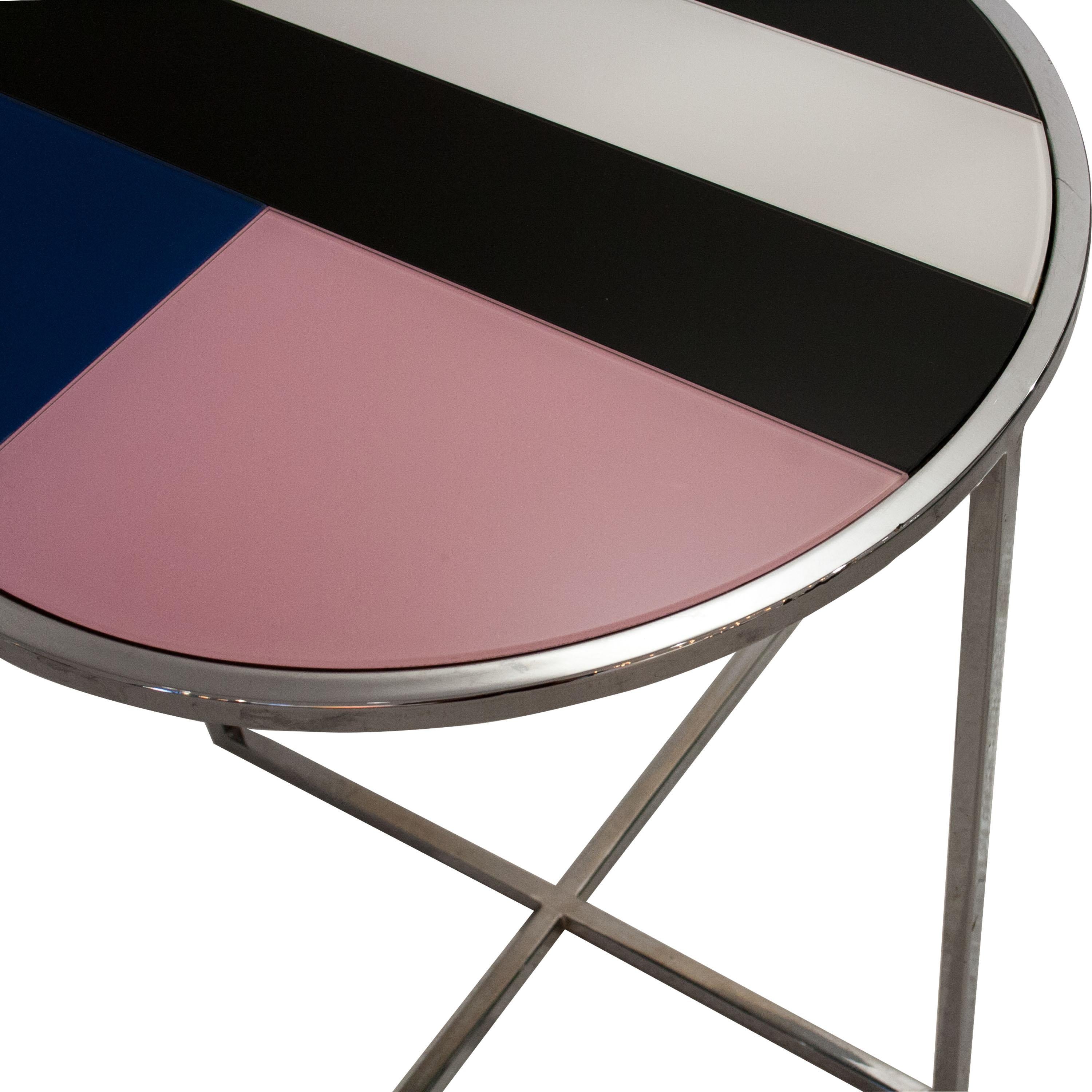 Spanish Contemporary Chromed Steel Blue Black Pink Glass Round Center Table, Italy, 1970 For Sale