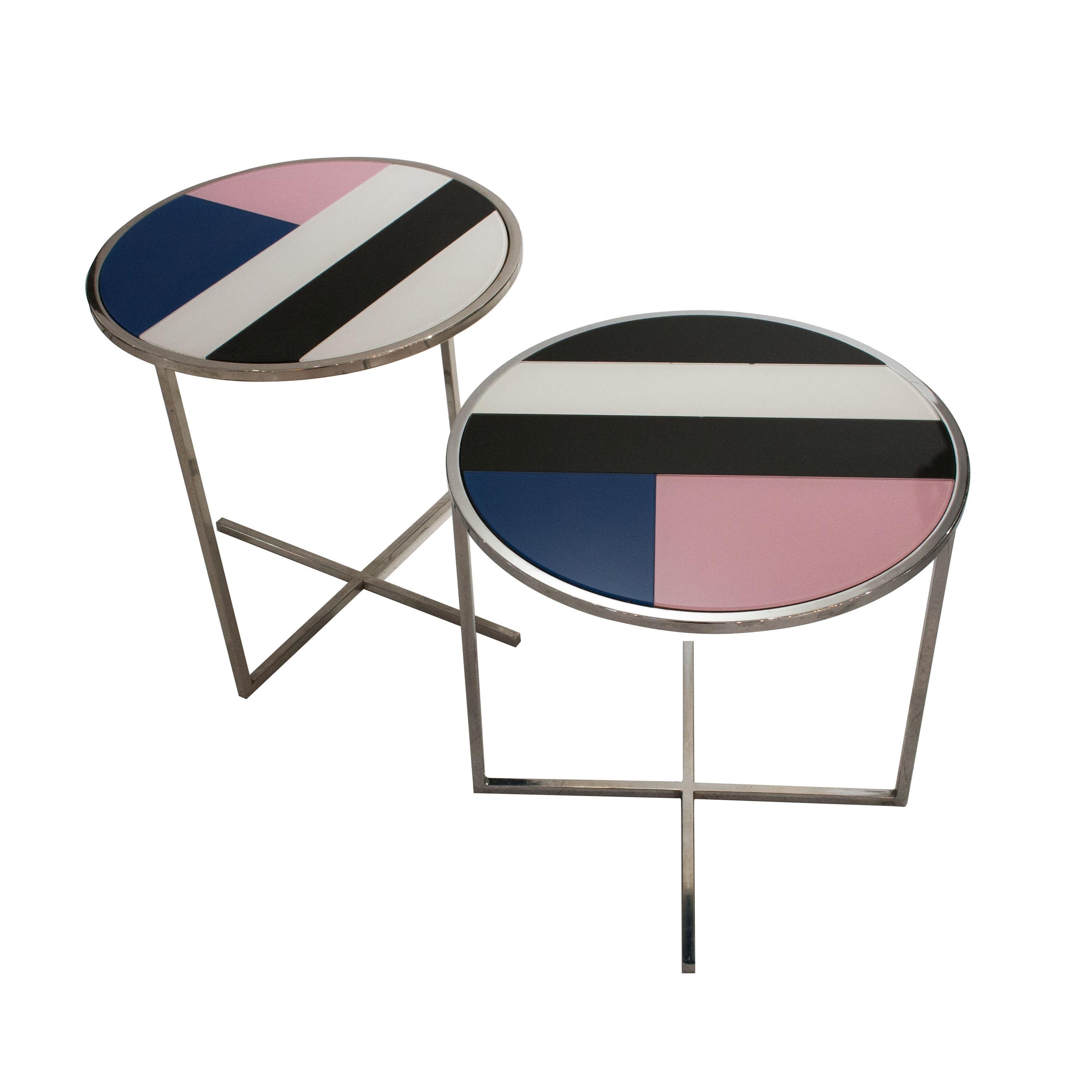 Late 20th Century Contemporary Chromed Steel Blue Black Pink Glass Round Center Table, Italy, 1970 For Sale