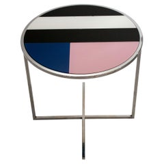 Contemporary Chromed Steel Blue Black Pink Glass Round Center Table, Italy, 1970