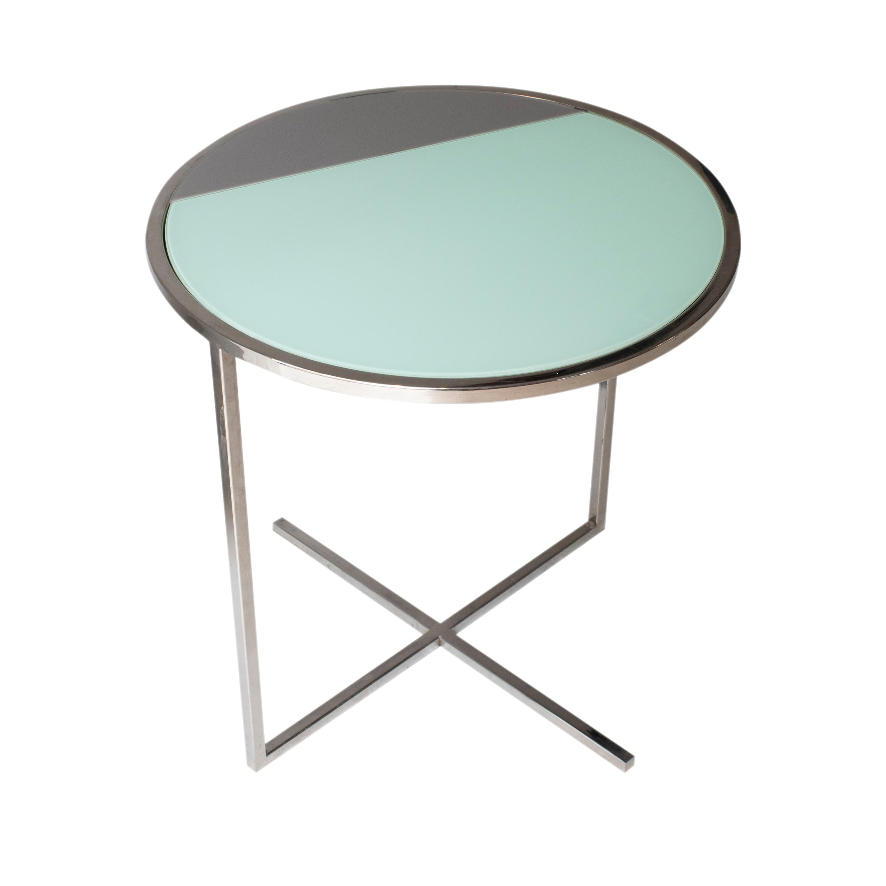 1970´s original side table with a chromed steel structure and an actual glass top designed by IKB191 in green and grey.