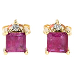 Contemporary Circa 2000s Square Ruby & Diamond Studs 18 Carat Yellow Gold