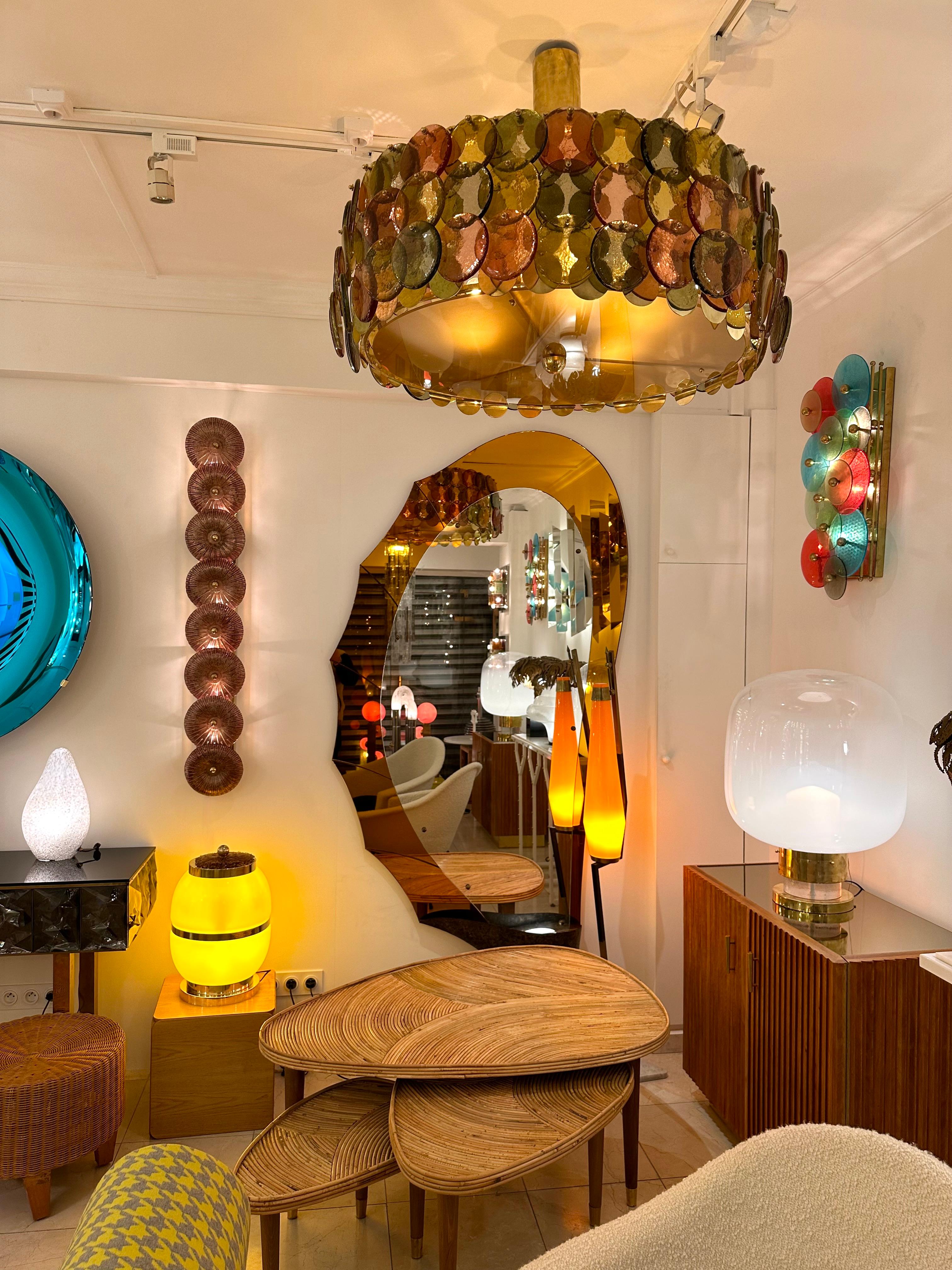 Chandelier ceiling pendant light lighting lamp flush mount in brass and Murano glass. Contemporary work from a small italian artisanal workshop. Minor imperfections due to handmade artisanal work. In the mood of Mid-Century Modern Space Age
