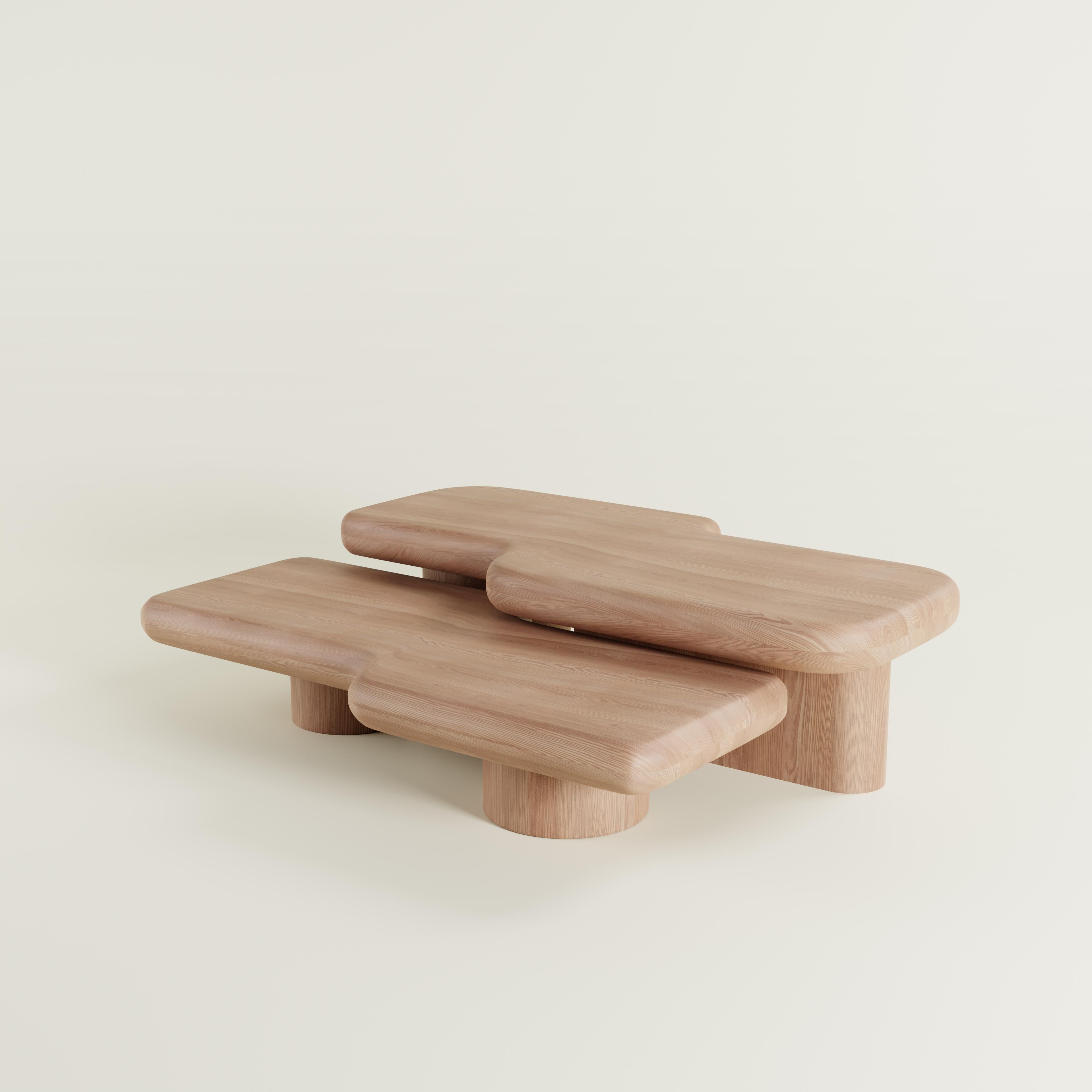 For this collection in collaboration with Rio Estudio, inspiration is drawn from hydraulic circuits; systems that transport some liquid component, comprised of long and linear elements, articulated by bends. 

The Circuit Oak Coffee Table Set