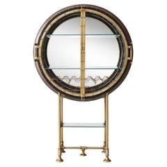 Contemporary Circular Bar Cabinet in Brass, Faux Alligator Leather and Wood