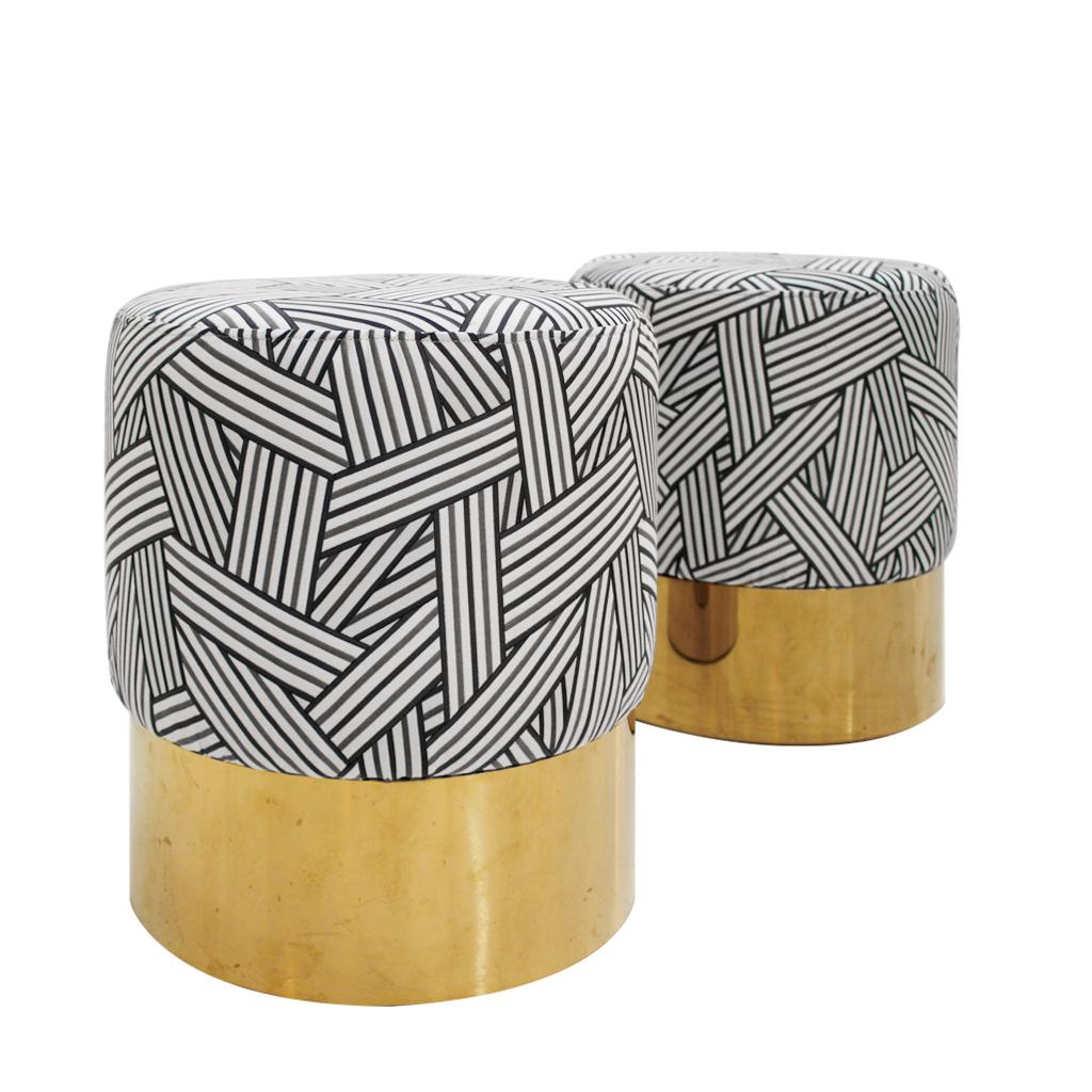 Mid-Century Modern Contemporary Circular Cotton Jacquard and Brass Pair of Italian Poufs For Sale