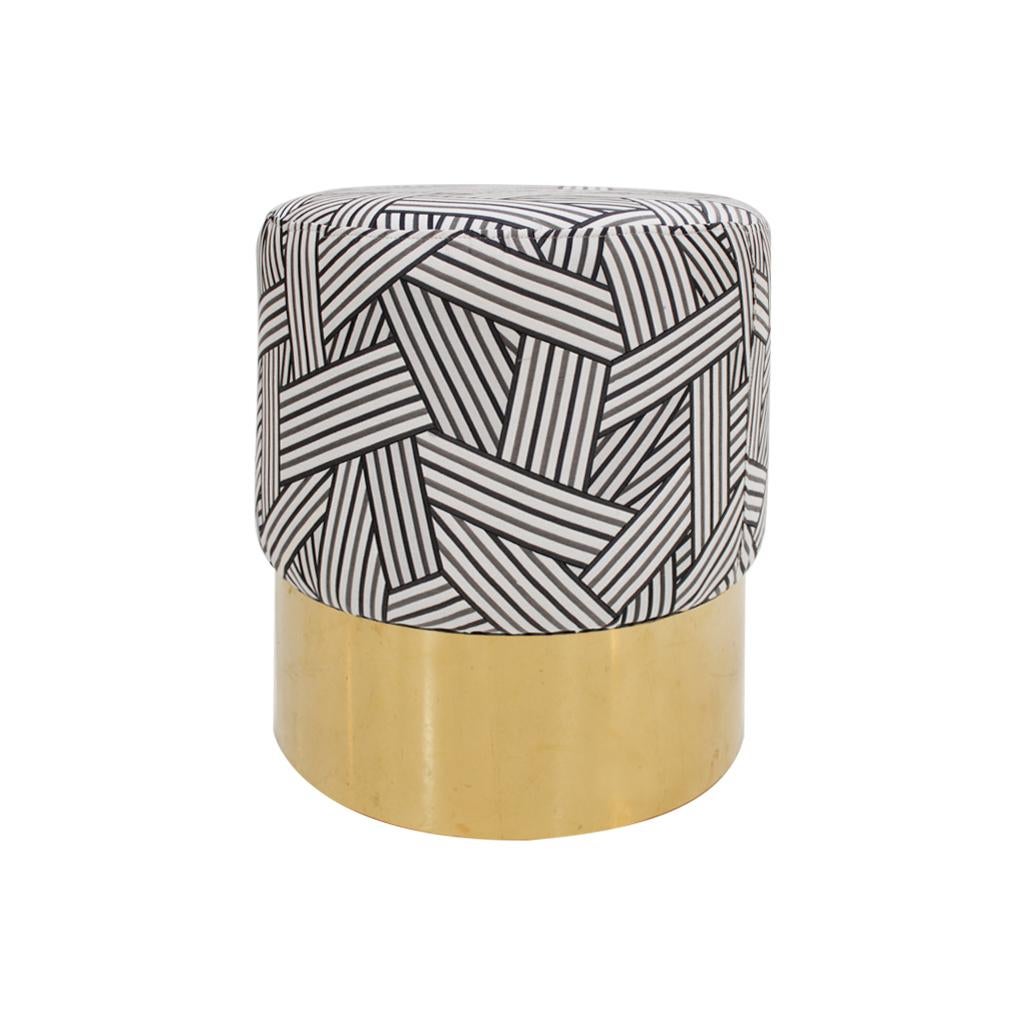 Contemporary Circular Cotton Jacquard and Brass Pair of Italian Poufs (Italienisch) im Angebot
