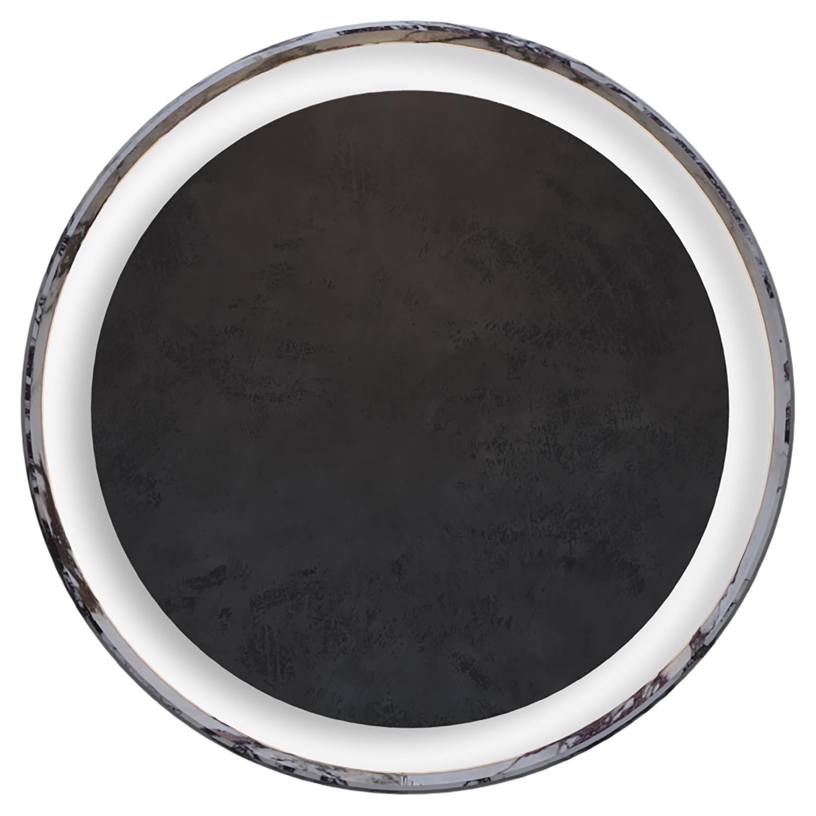 Contemporary Circular Marble Italian Sculptural Mirror with Lighting, Arabesco.  For Sale