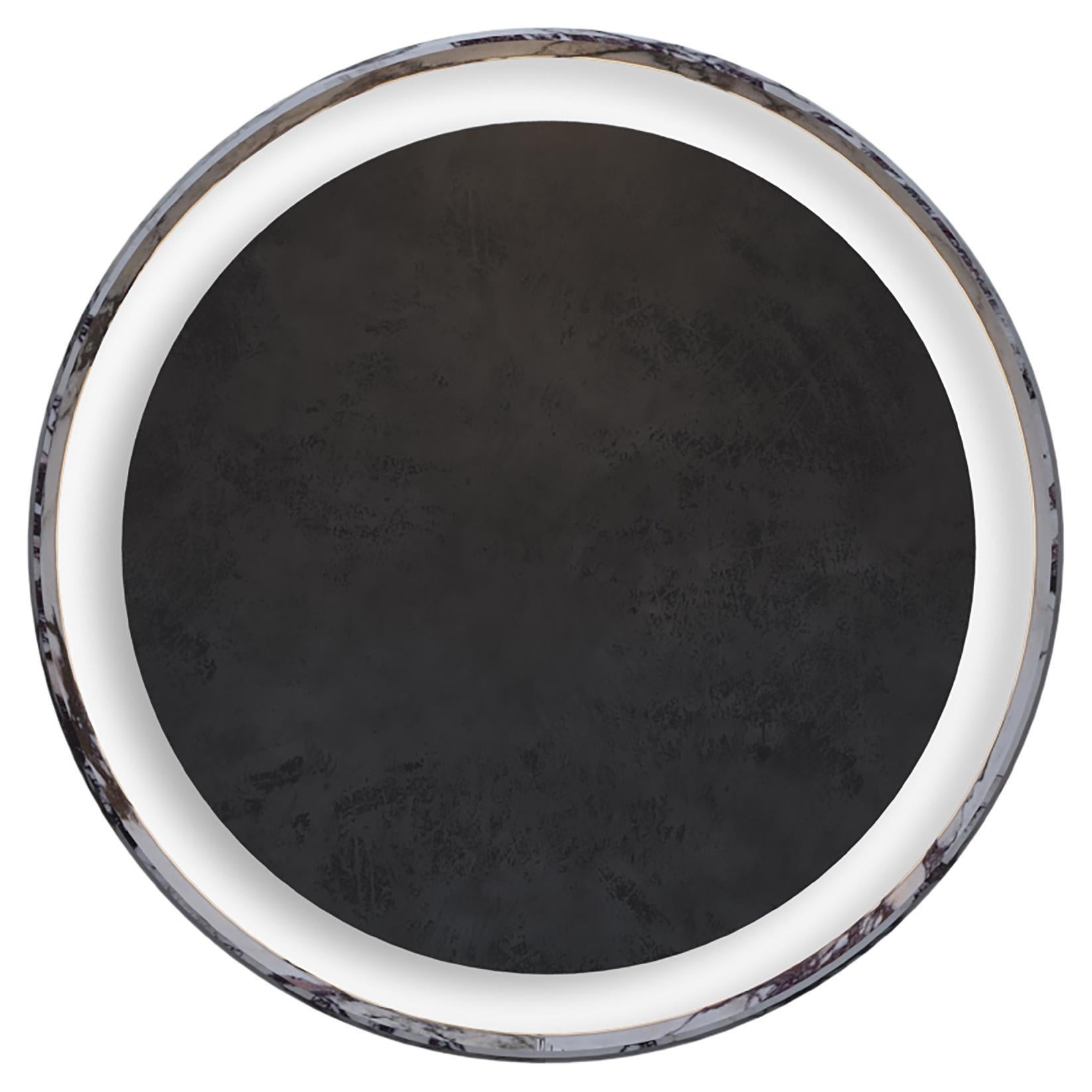 Contemporary Circular Marble Italian Sculptural Mirror with Lighting, Arabesco. For Sale