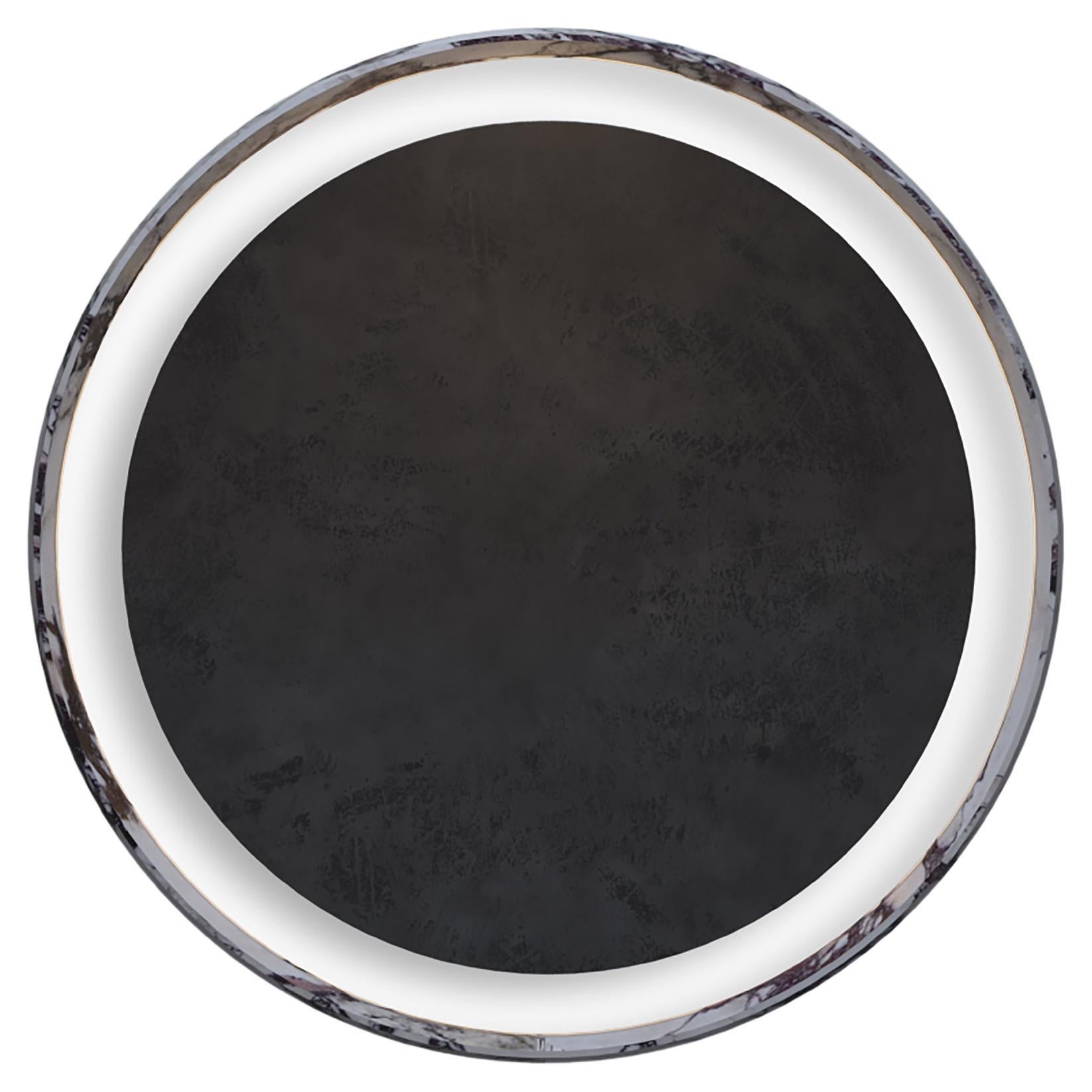 Contemporary Circular Marble Italian Sculptural Mirror with Lighting, Arabesco. 