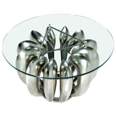 Contemporary Circular Metal Brutalist Side Table with Glass Top