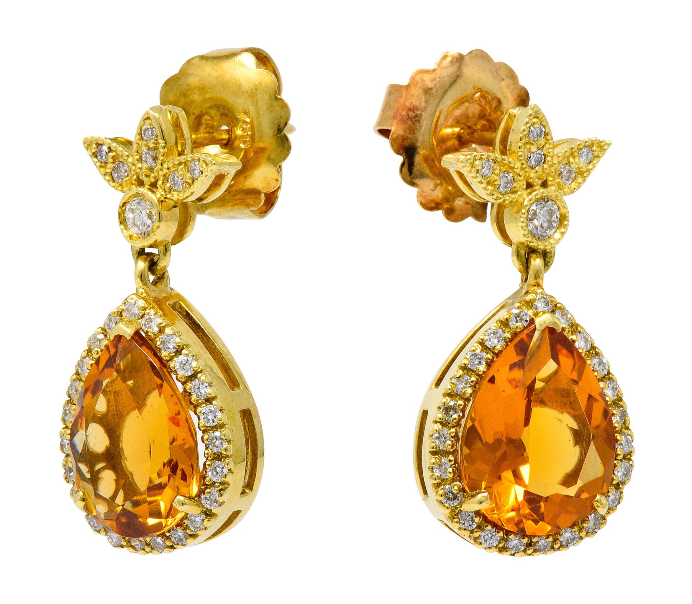 Women's or Men's Contemporary Citrine Diamond 18 Karat Gold Foliate Drop Earrings