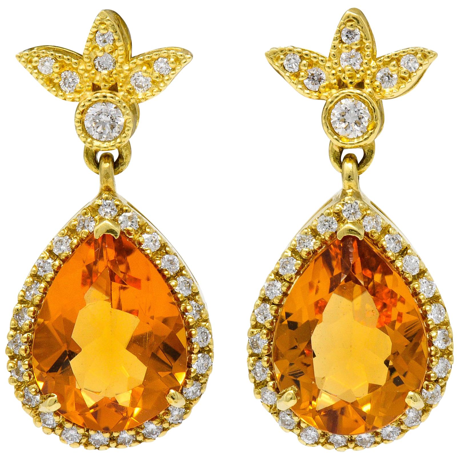 Contemporary Citrine Diamond 18 Karat Gold Foliate Drop Earrings