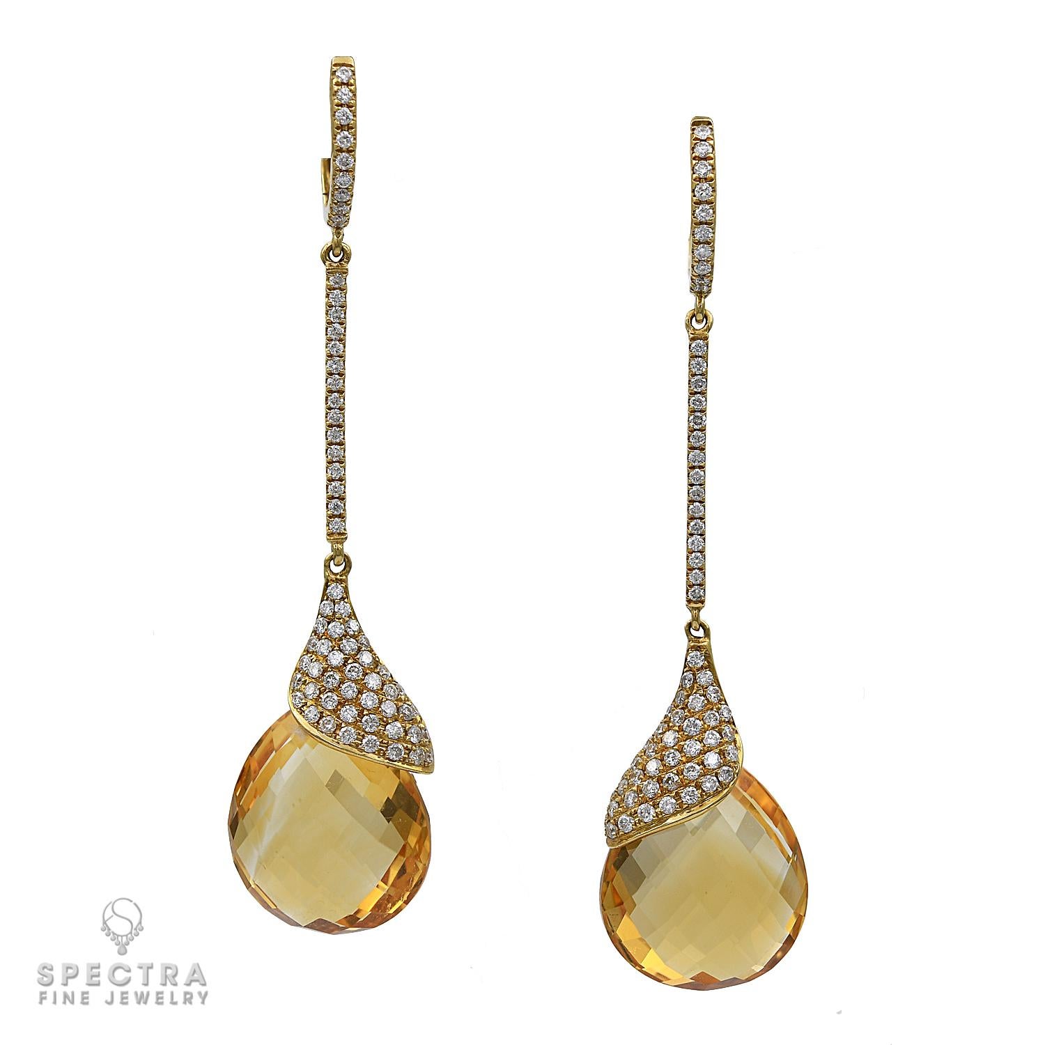 The fluid elegance of these Contemporary Citrine Diamond Pavé Drop Earrings, made in the 21st century, brings to mind the ornamental style that flourished between about 1890 and 1910 throughout Europe and the United States, characterized by its use