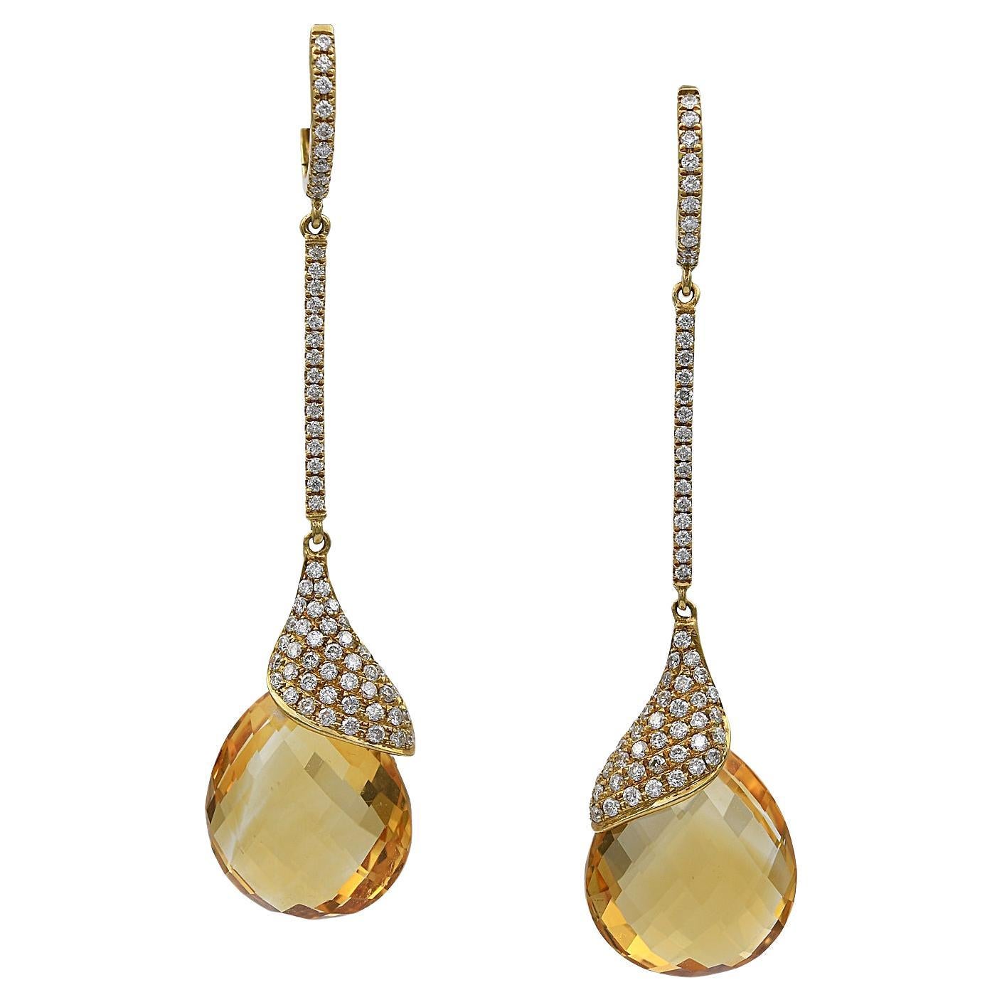 Contemporary Citrine Diamond Pave Drop Earrings For Sale