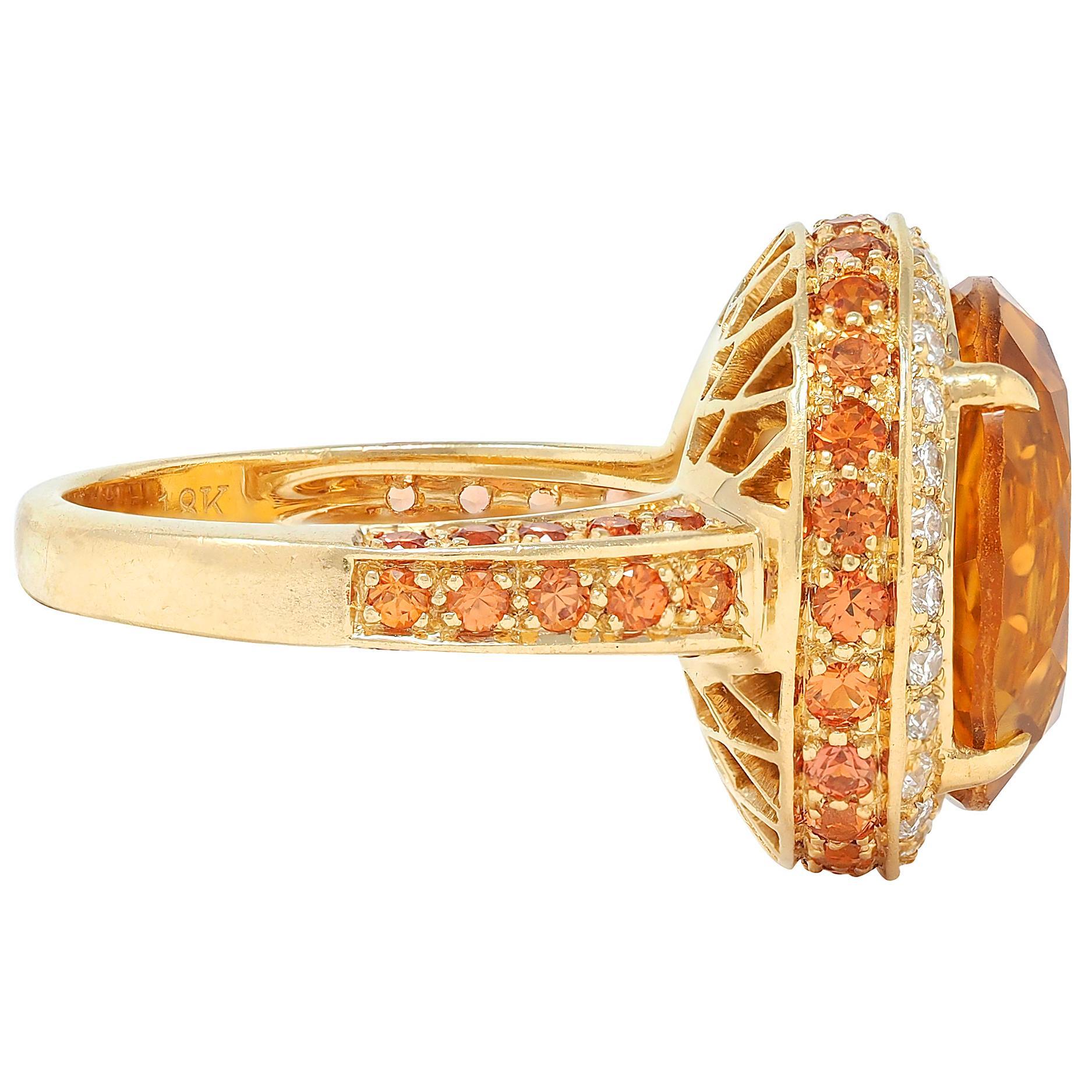 Zeitgenössischer Citrin Diamant Saphir 18 Karat Gelbgold Cocktail Ring (Brillantschliff) im Angebot