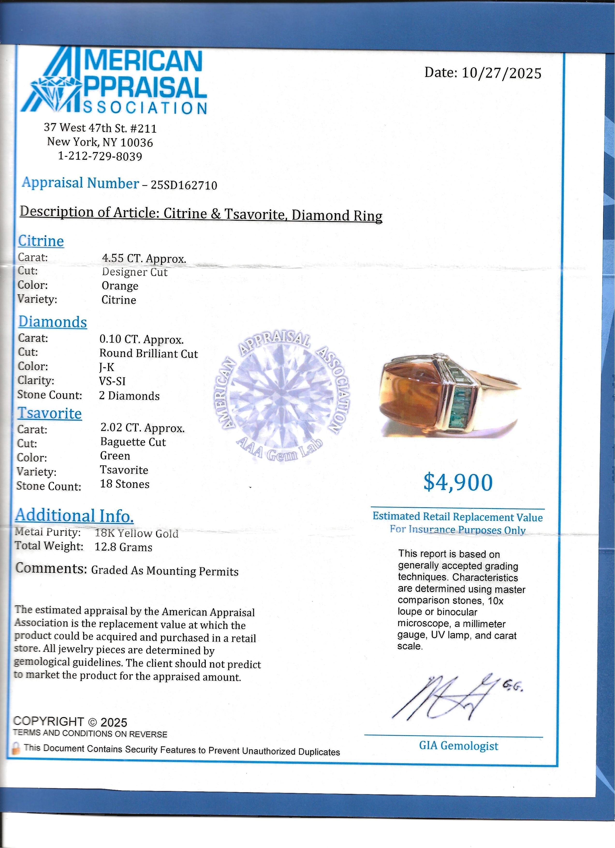 Bague cocktail contemporaine en or jaune 18 carats, citrine, tsavorite et diamant en vente 9