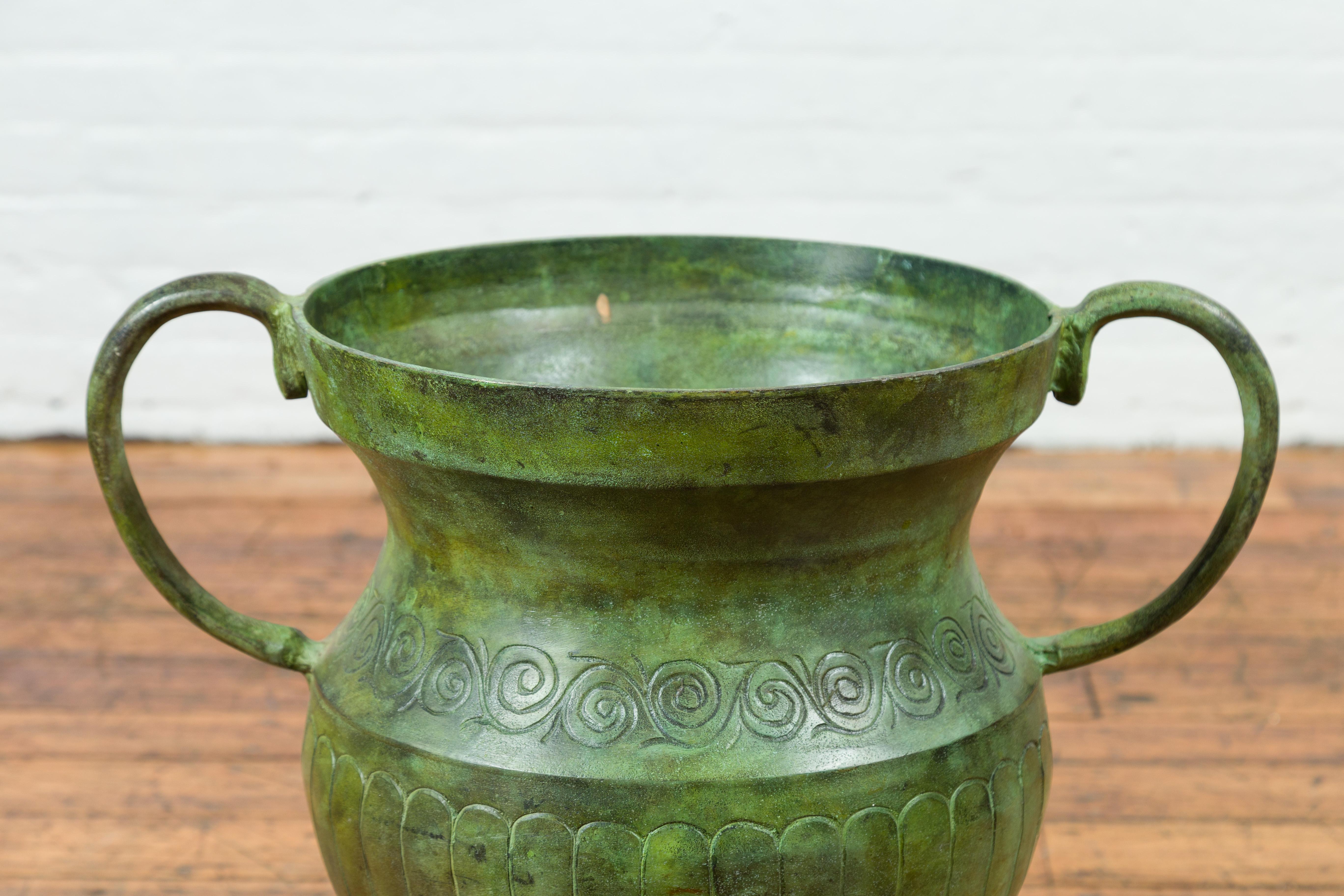 Contemporary Classical Style Urn with Verde Patina, Large Handles and Gadroons For Sale 3