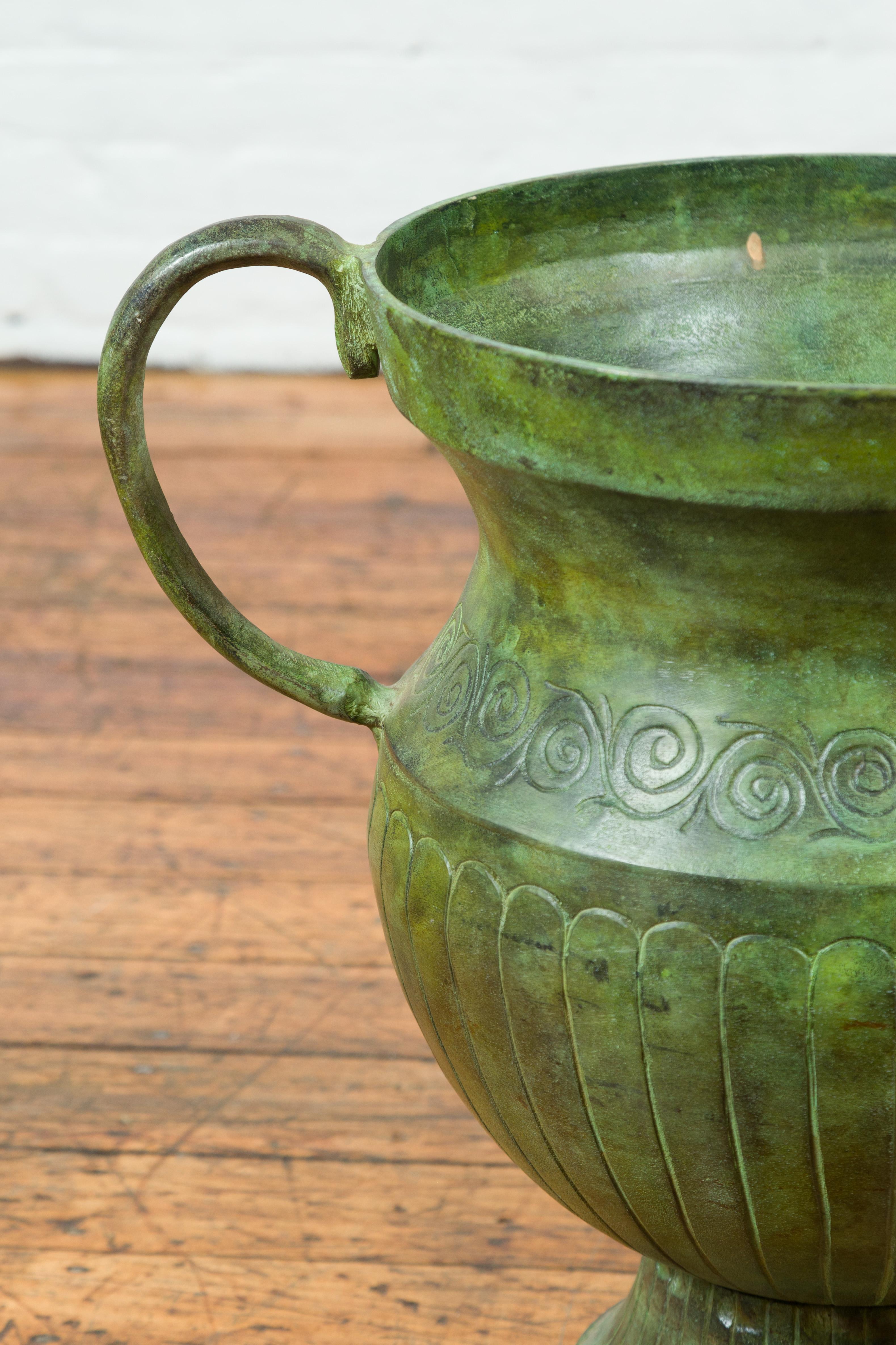 Contemporary Classical Style Urn with Verde Patina, Large Handles and Gadroons For Sale 4