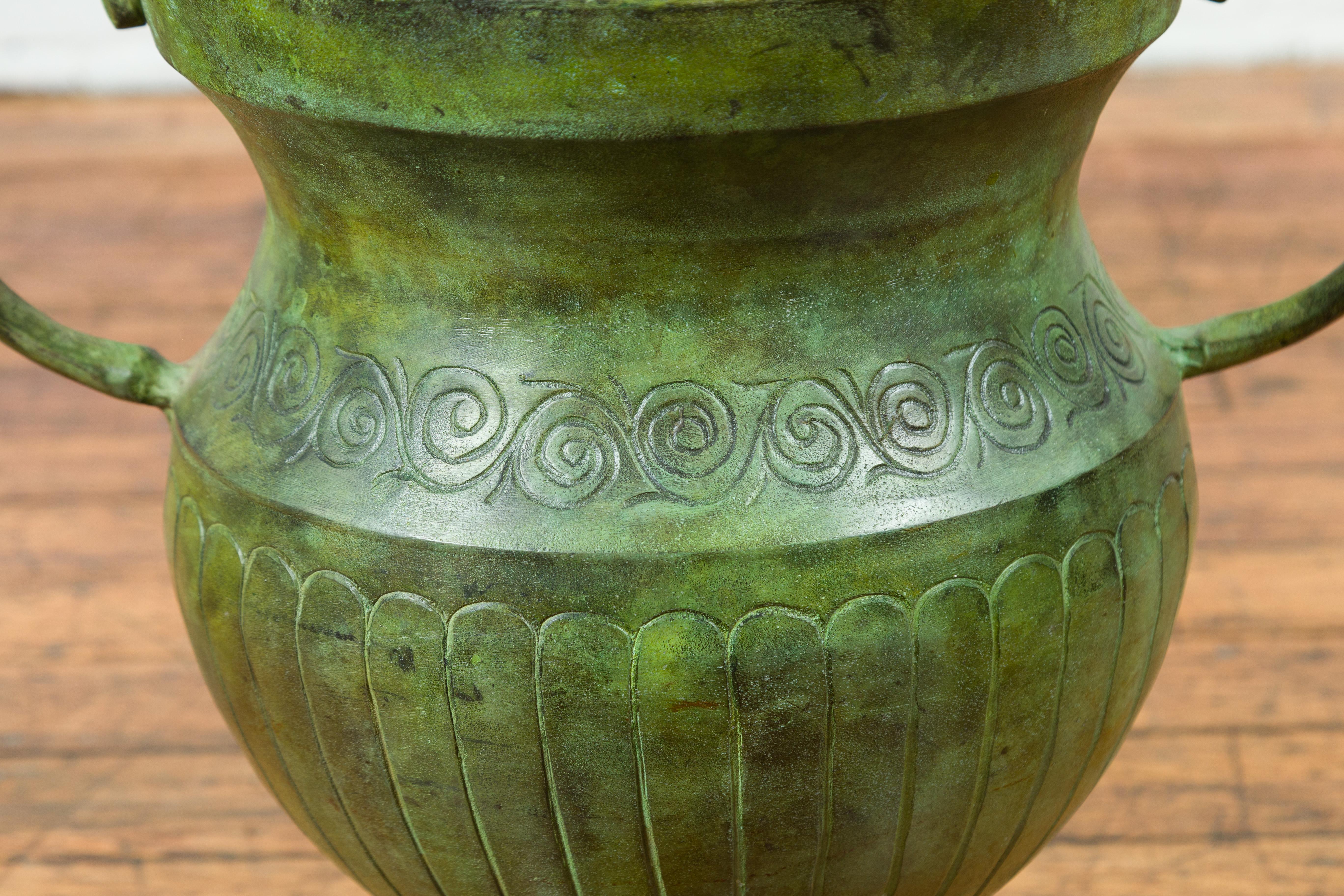 Contemporary Classical Style Urn with Verde Patina, Large Handles and Gadroons For Sale 5