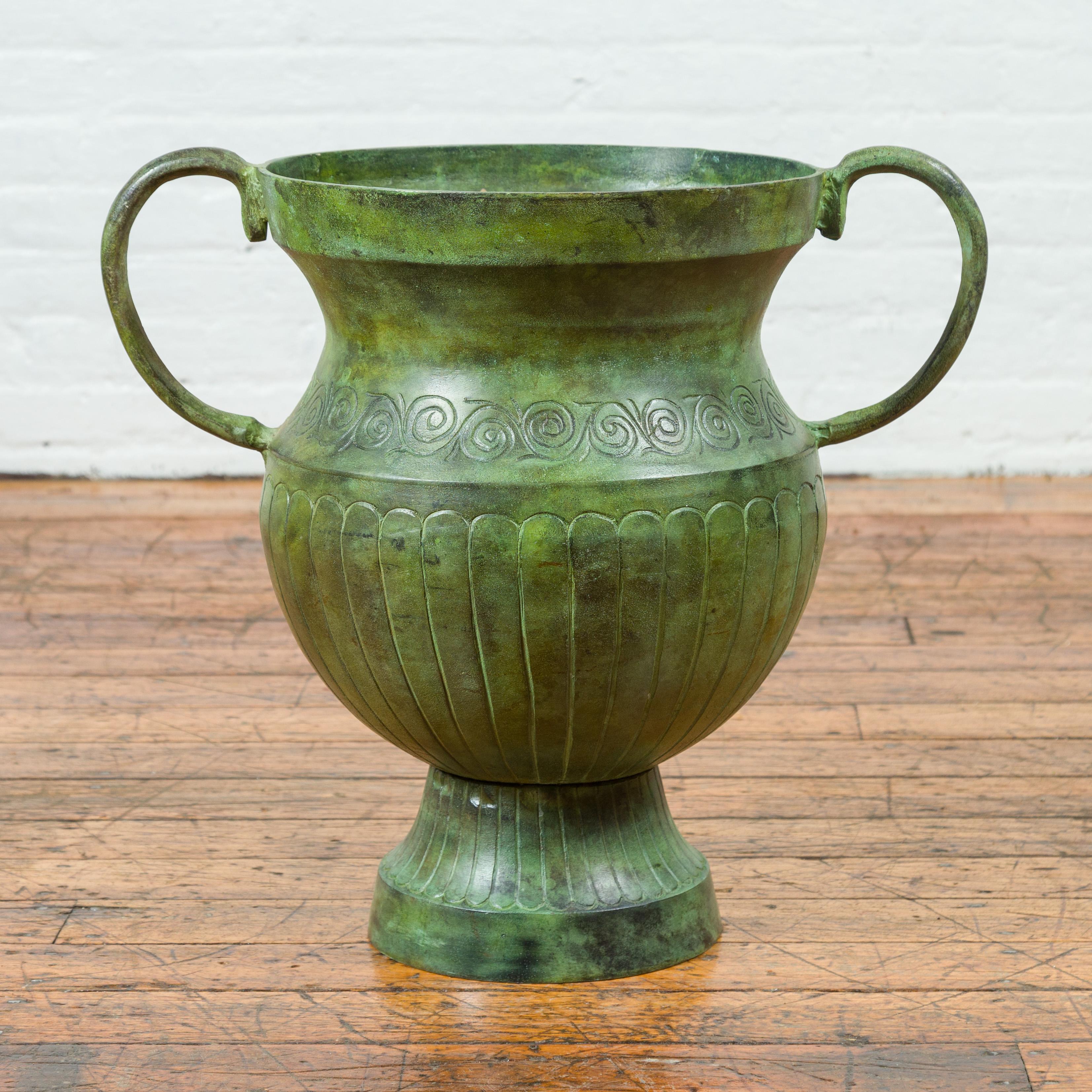 Contemporary Classical Style Urn with Verde Patina, Large Handles and Gadroons For Sale 6