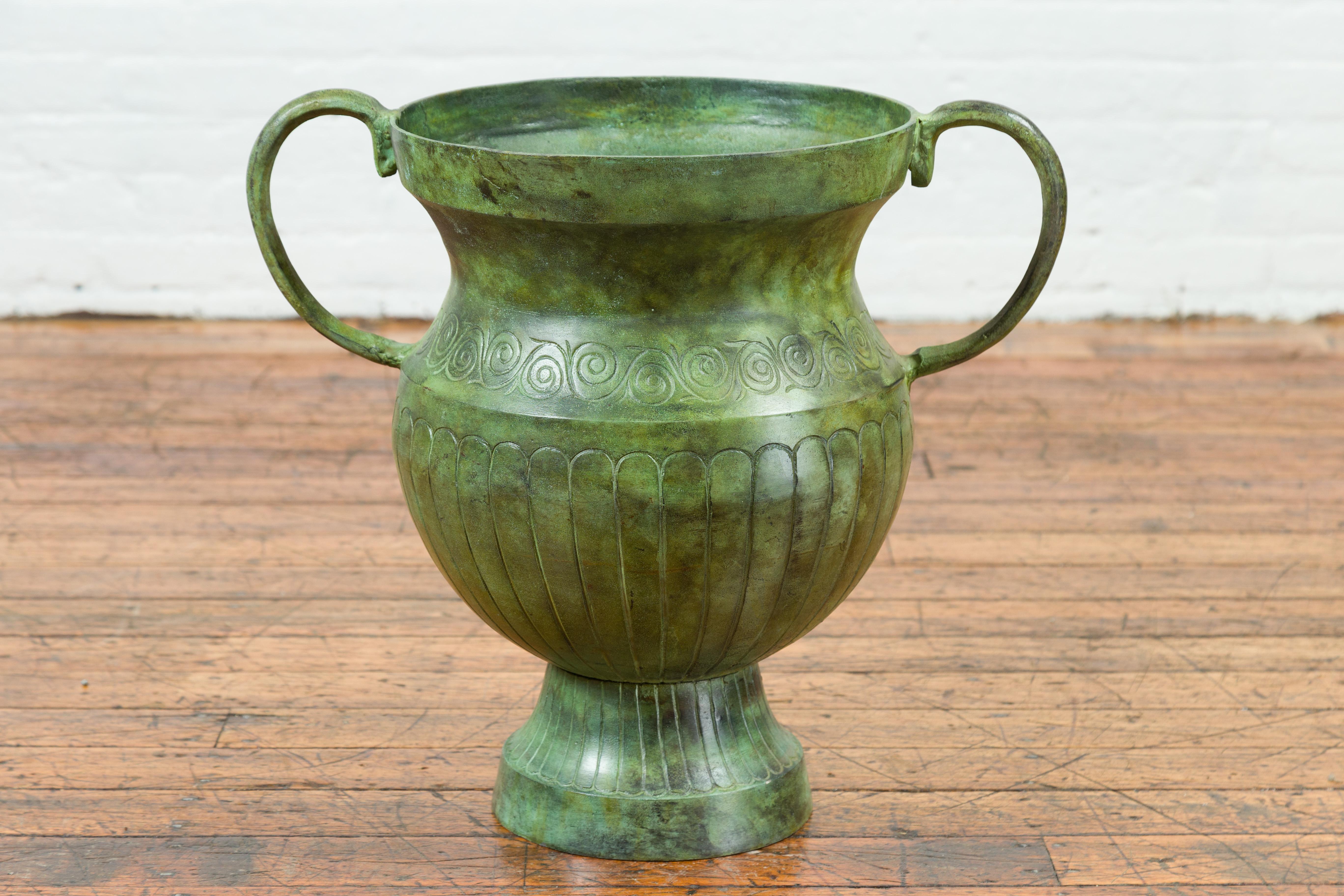 Greco Roman Contemporary Classical Style Urn with Verde Patina, Large Handles and Gadroons For Sale