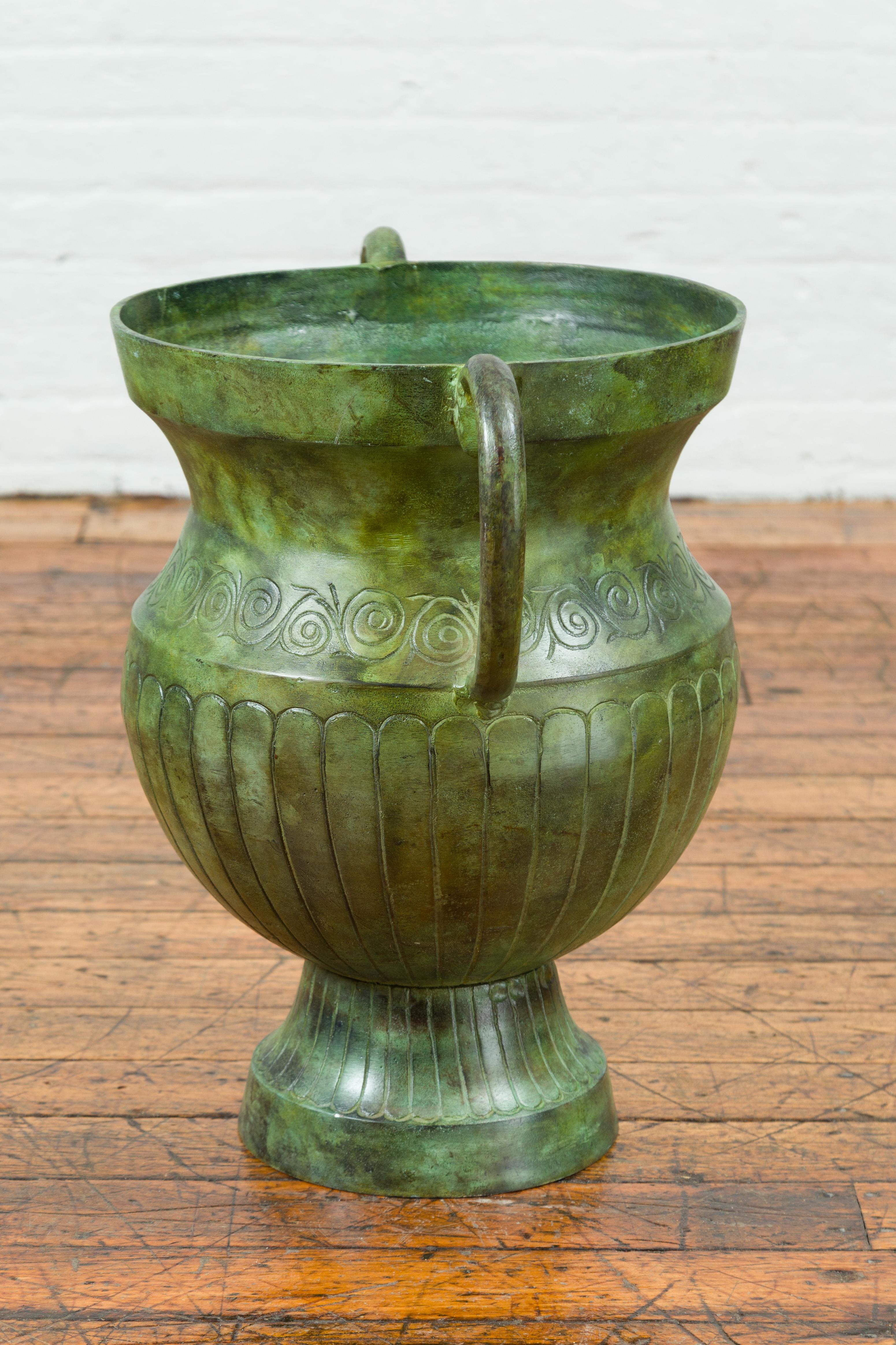 Patinated Contemporary Classical Style Urn with Verde Patina, Large Handles and Gadroons For Sale