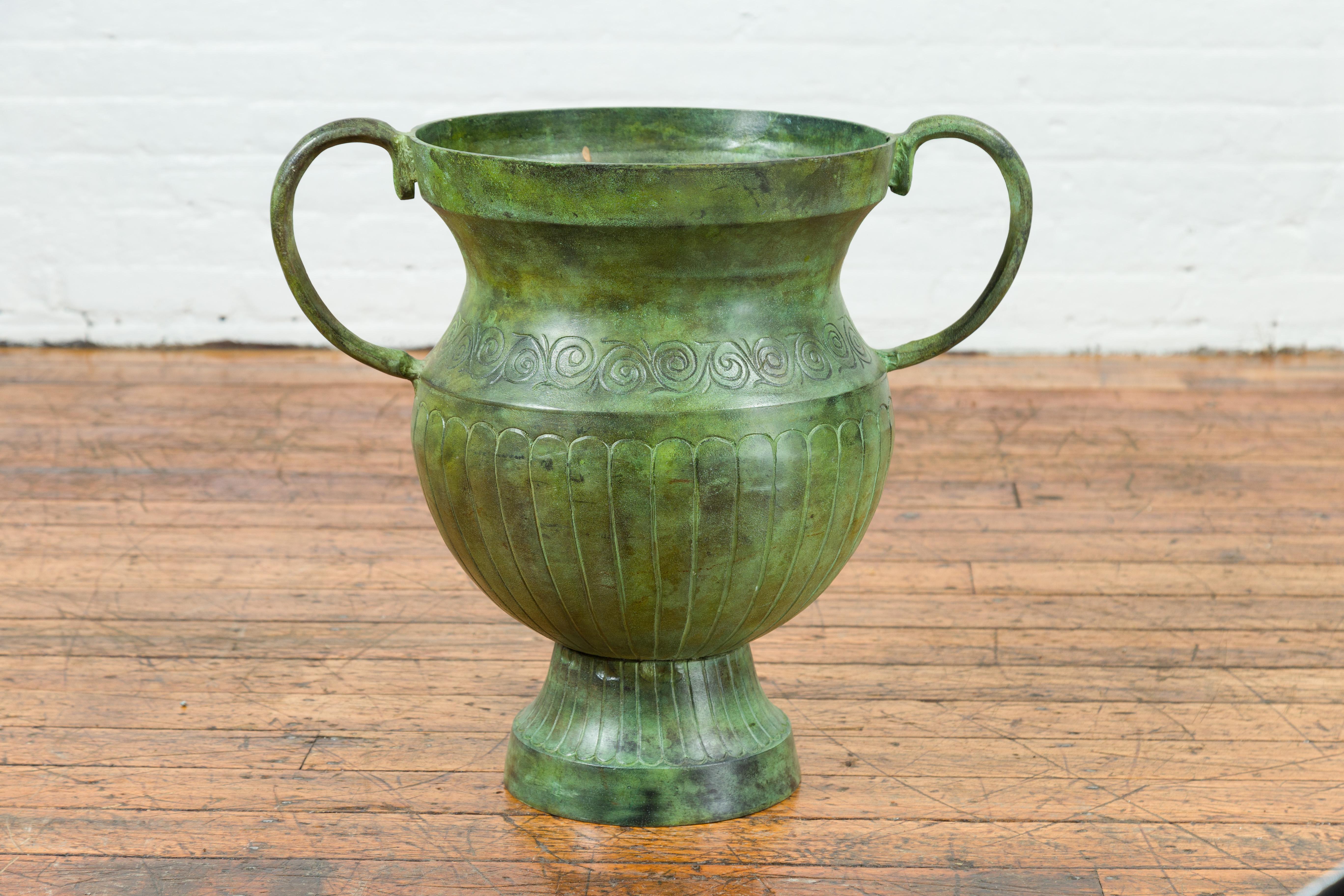 Contemporary Classical Style Urn with Verde Patina, Large Handles and Gadroons In Good Condition For Sale In Yonkers, NY