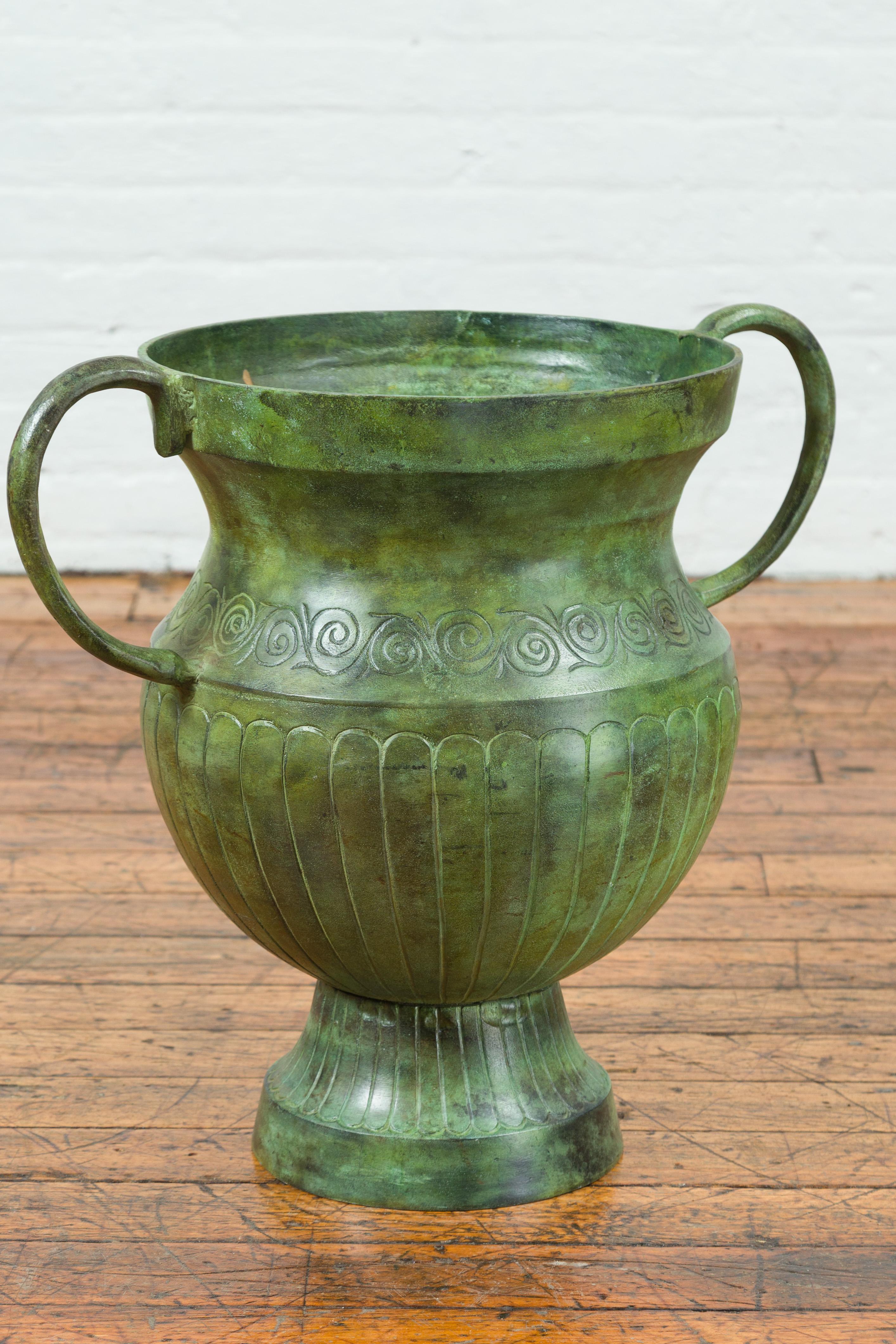 Copper Contemporary Classical Style Urn with Verde Patina, Large Handles and Gadroons For Sale