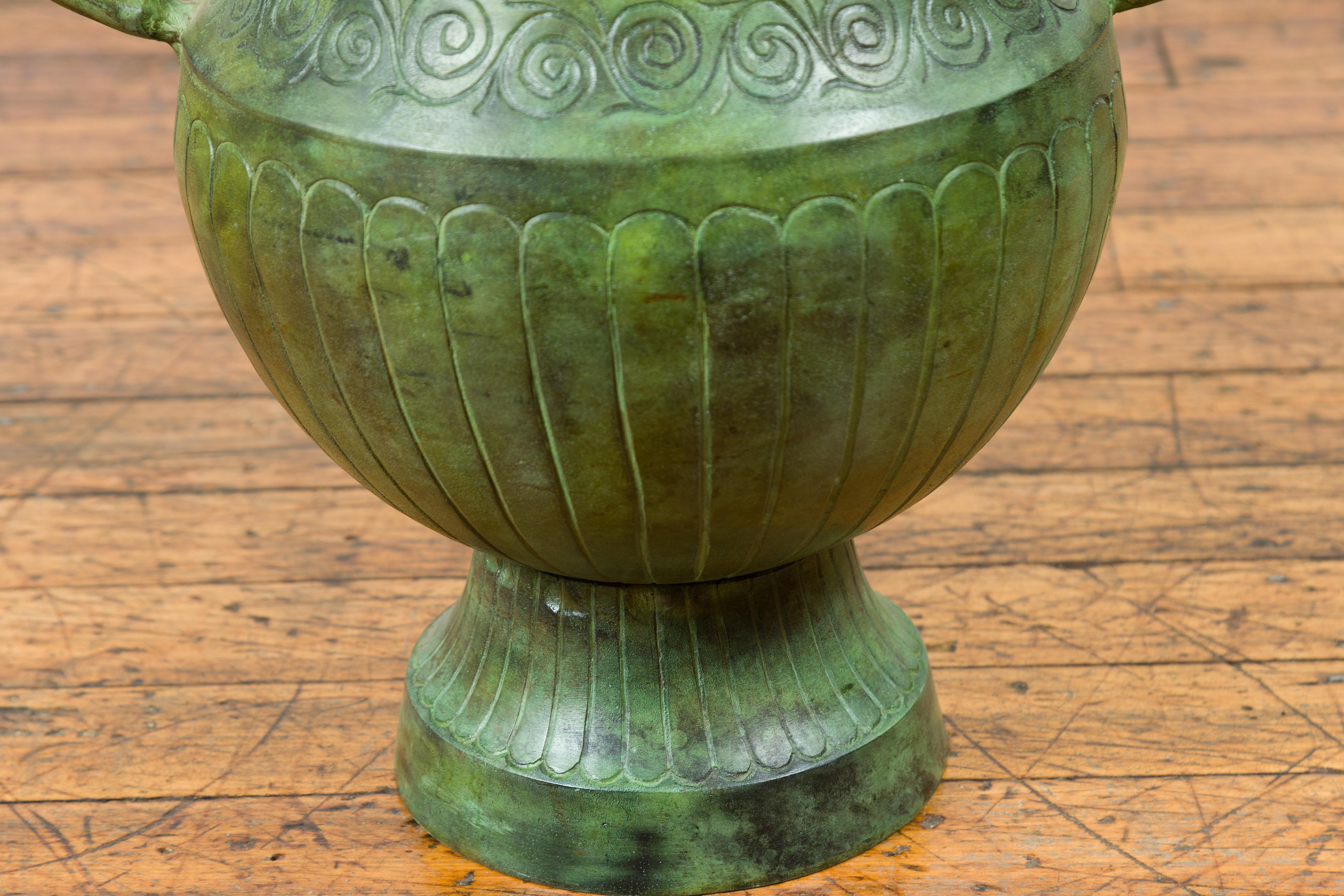 Contemporary Classical Style Urn with Verde Patina, Large Handles and Gadroons For Sale 2