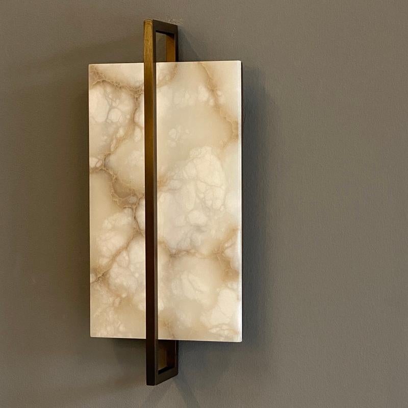 Modern Contemporary Clean Italian Lines - Tile Wall Sconce in alabaster and bronze For Sale