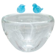 Contemporary Clear Blown Glass Bowl with Blue Birds