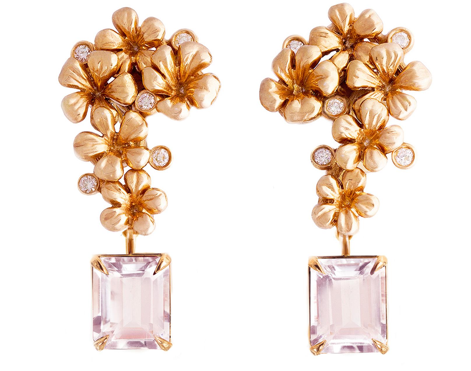 Modern Contemporary Clip-on Earrings in Eighteen Karat Rose Gold with Pink Morganites For Sale