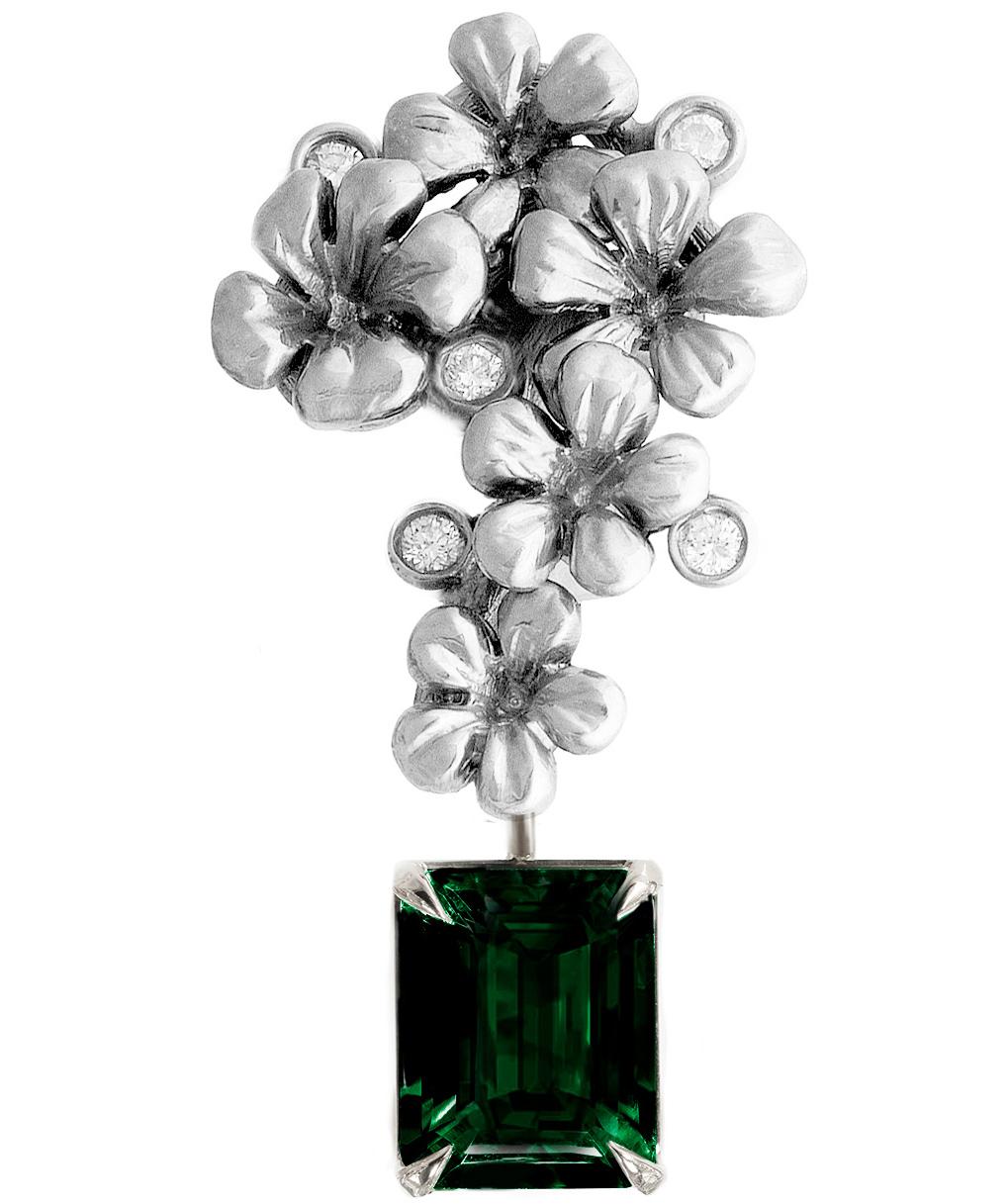These contemporary 18 karat white gold clip-on earrings are encrusted with 10 round diamonds and detachable chromdiopsides in octagon cut, 9x7 mm each. This jewellery collection was featured in Vogue UA review in November.
The size of one earring is