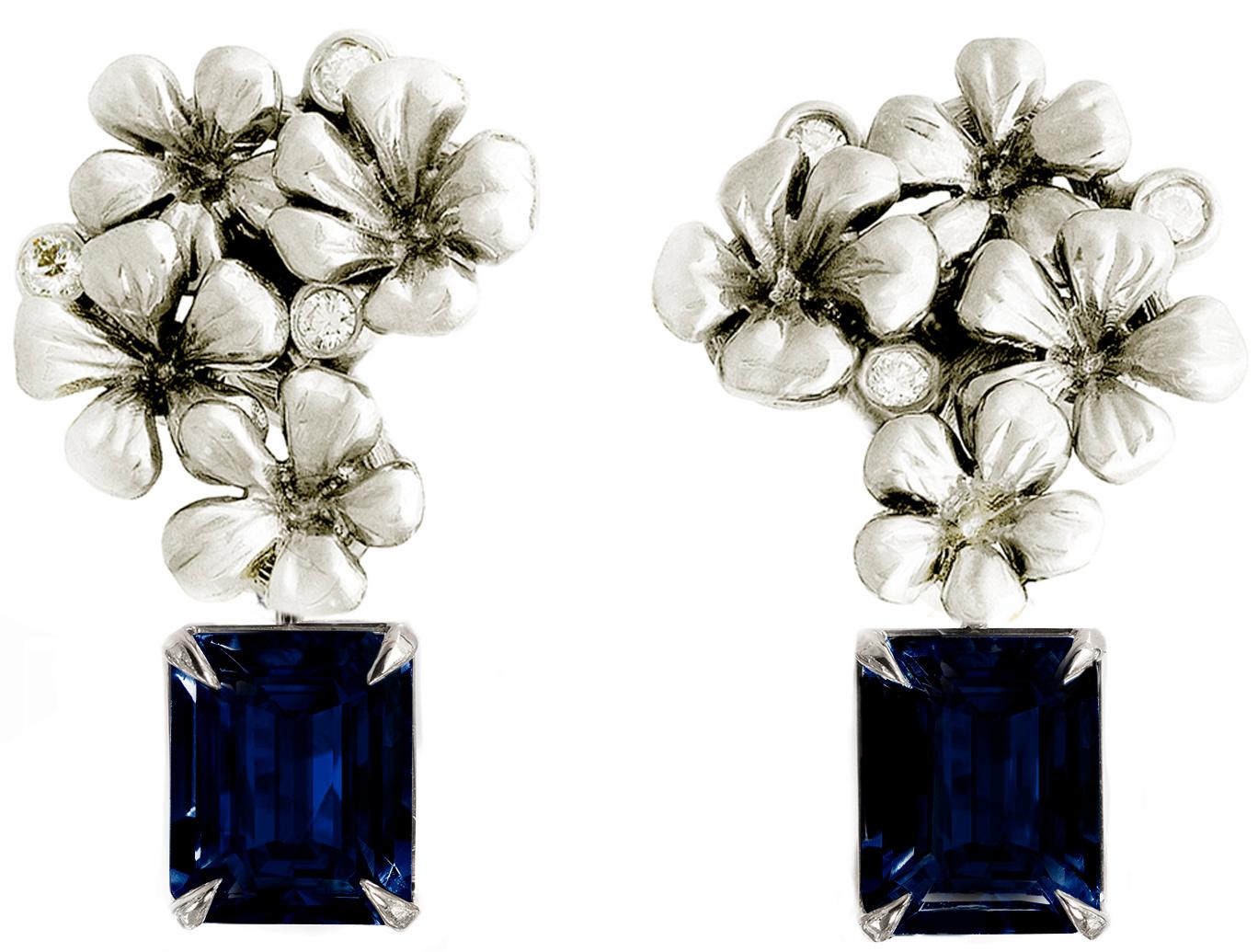 Octagon Cut Contemporary Clip-On Earrings in 18 Karat White Gold with Natural Sapphires For Sale