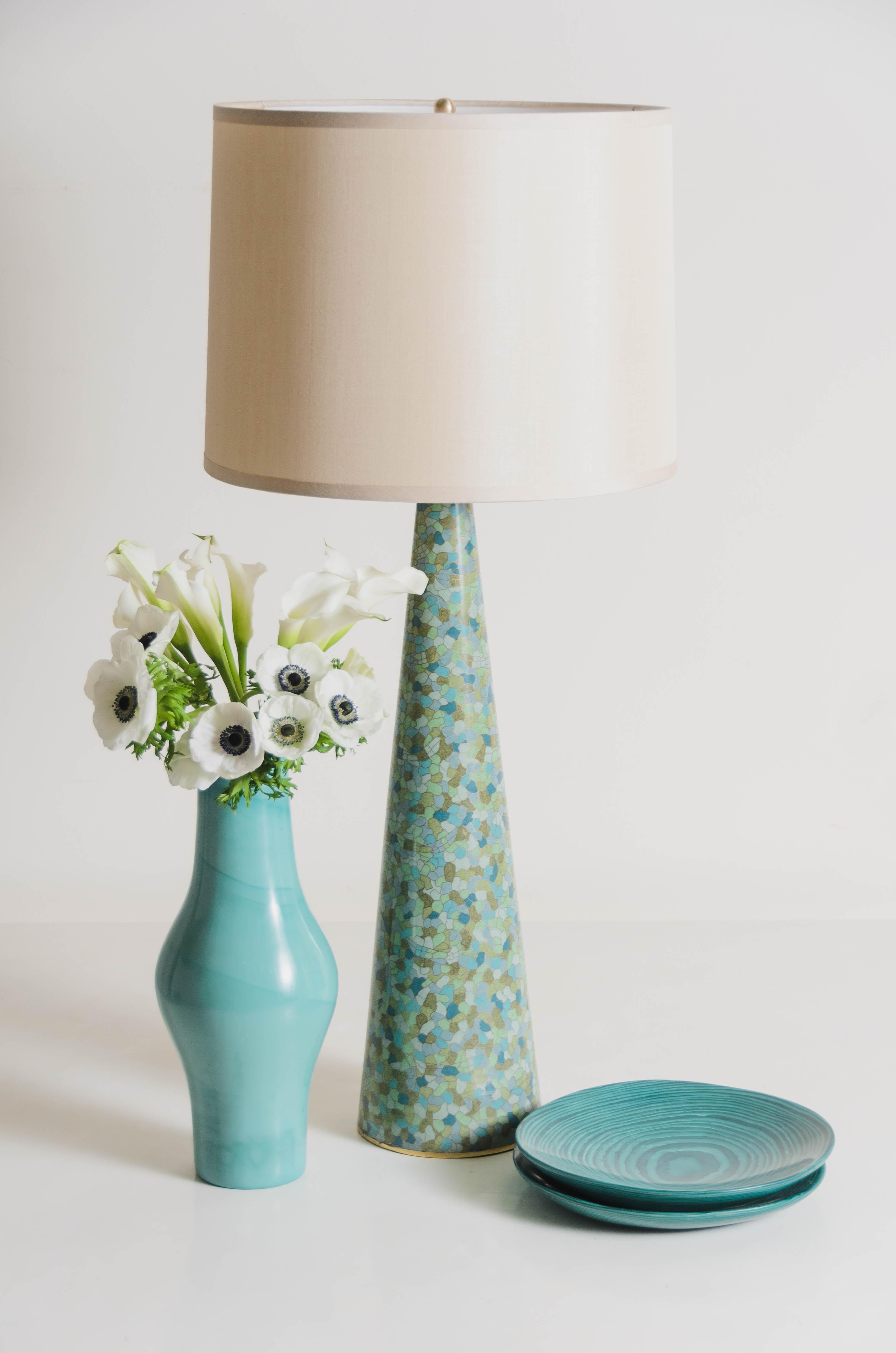 Cloissoné Contemporary Cloisonné Conical Table Lamp in Azure Design by Robert Kuo For Sale