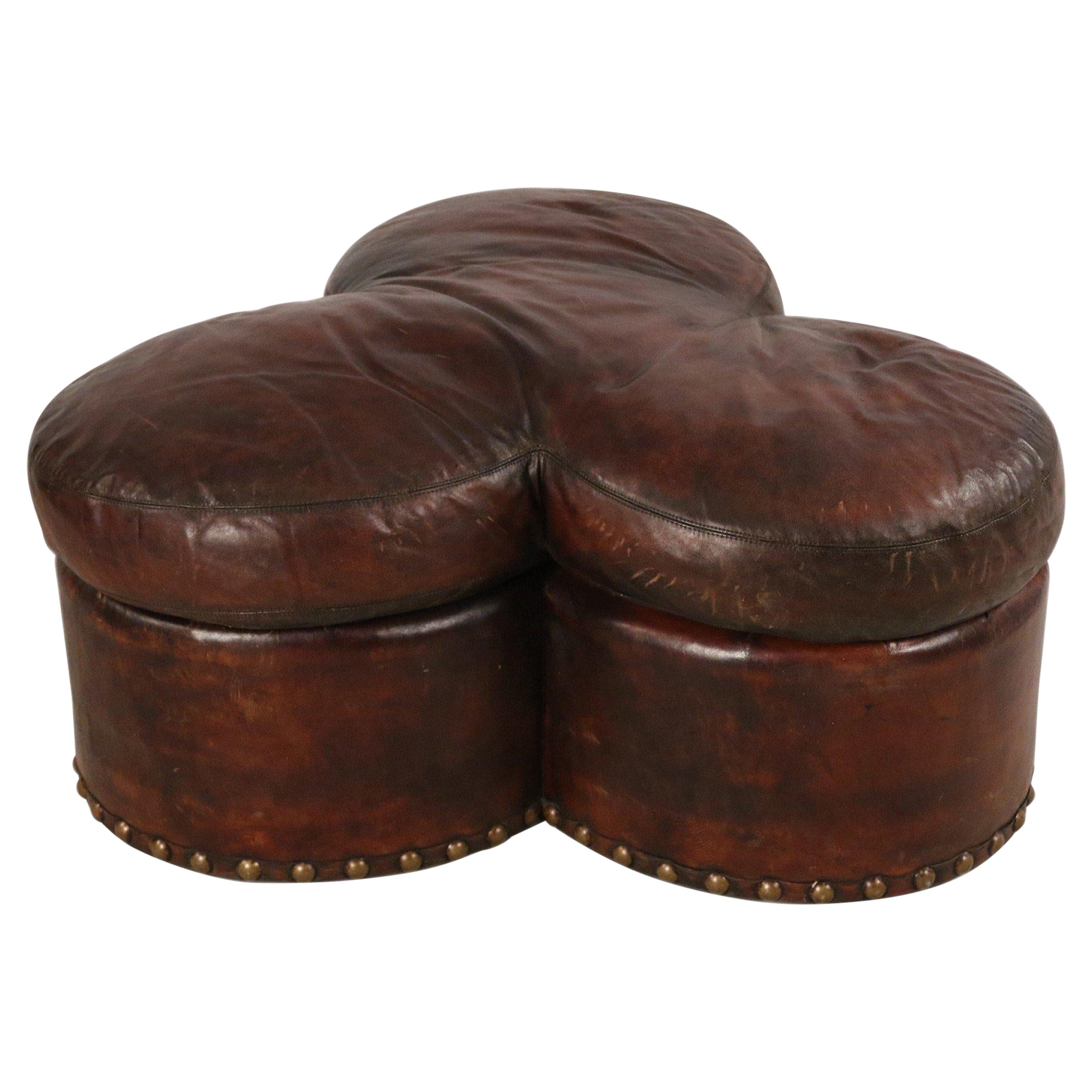 Contemporary Clover Shaped Brown Leather Ottoman