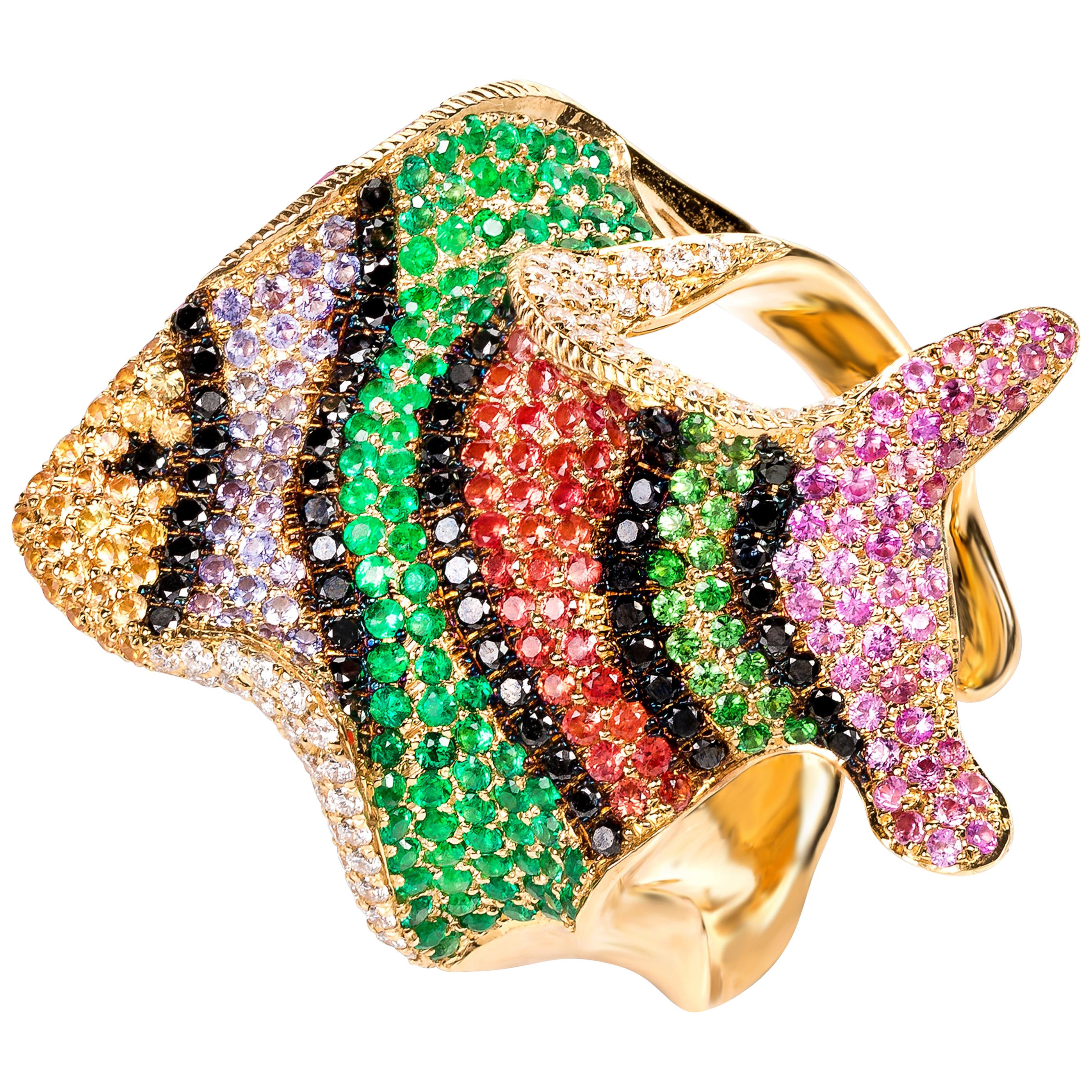 Contemporary "Clownfish" Multicolor Gemstone Cocktail Ring in Yellow Gold