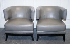 CONTEMPORARY COACH HOUSE GREY LEATHER ROUND BACK ARMCHAIRS WiTH STUDS