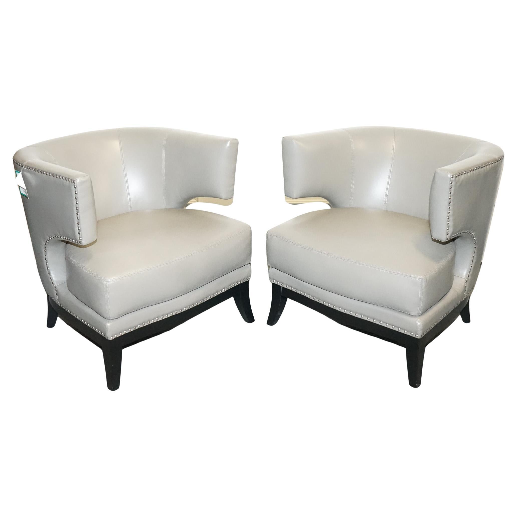 CONTEMPORARY COACH HOUSE GREY LEATHER ROUND BACK ARMCHAIRS WiTH STUDS