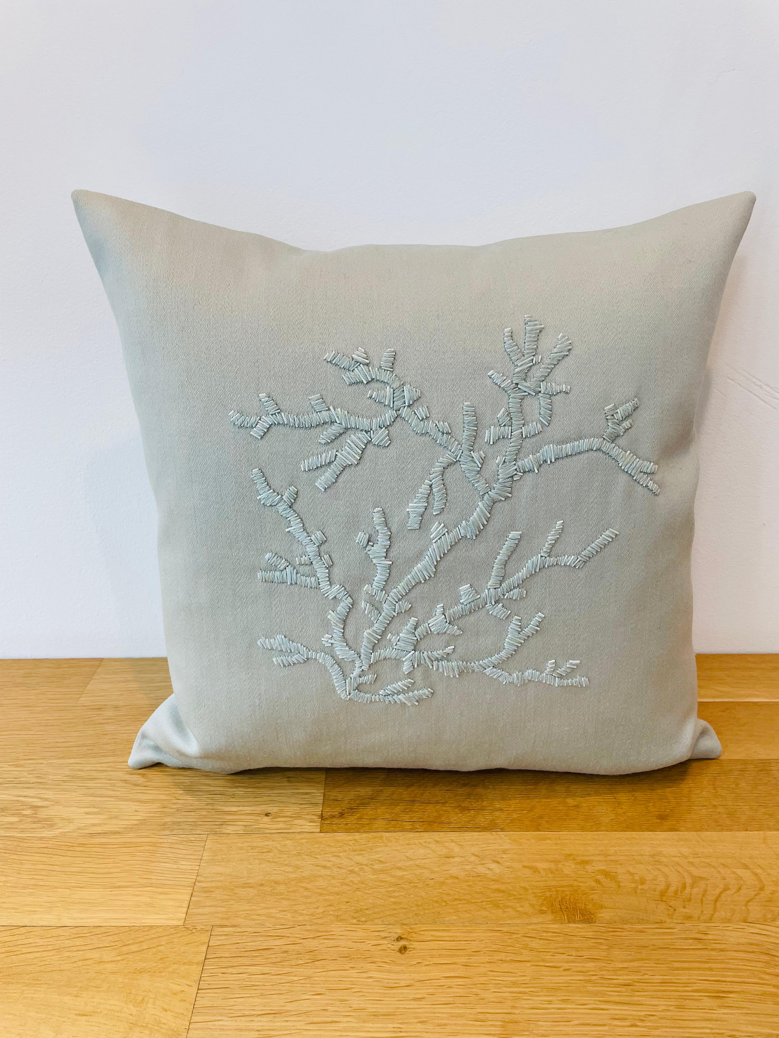 This contemporary Coral Design is created with delicate fine Hand Embroidery using Wool Thread and Beads.
The base fabric is a Wool Twill in color Sage - the materials of the embroidery are matching the color of the fabric.

We are happy to quote