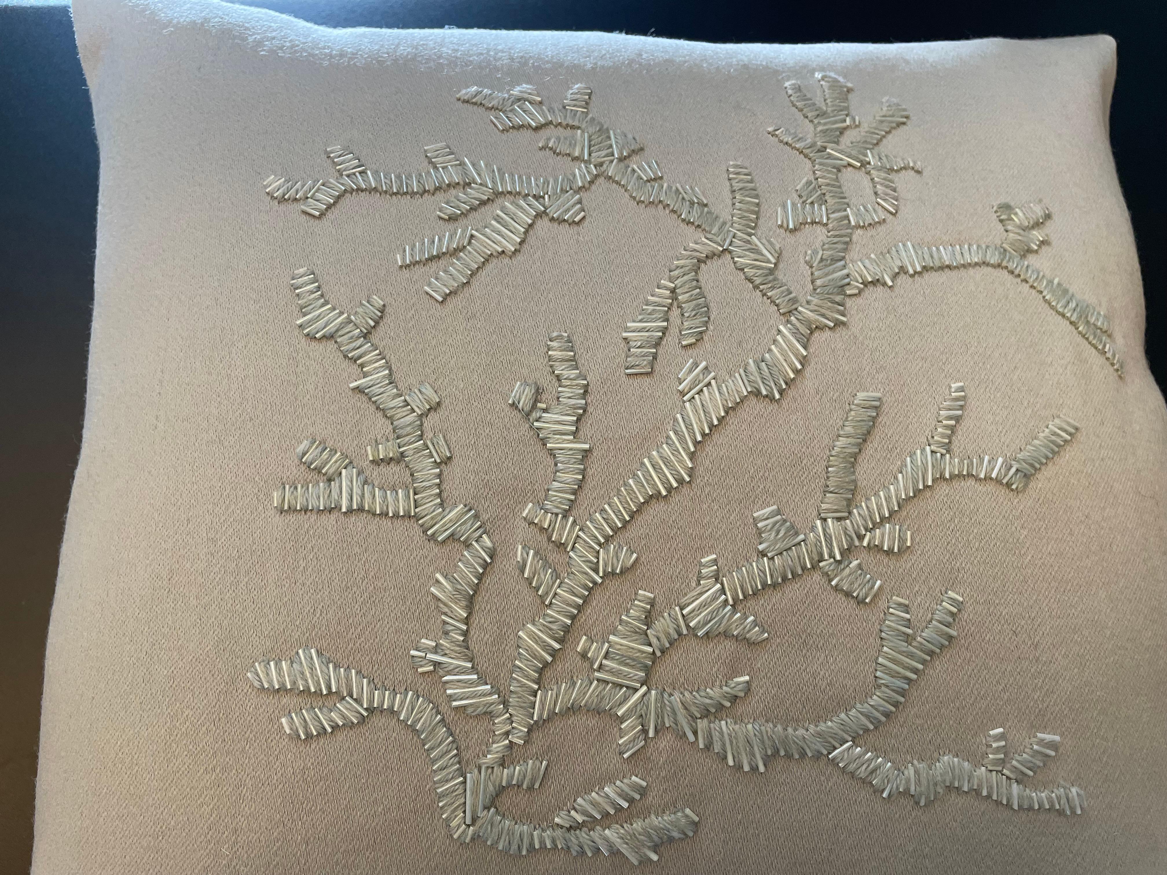 Contemporary Coal Design Cushion Hand Embroidery With Wool And Beads Color Sage In New Condition For Sale In Hamburg, DE
