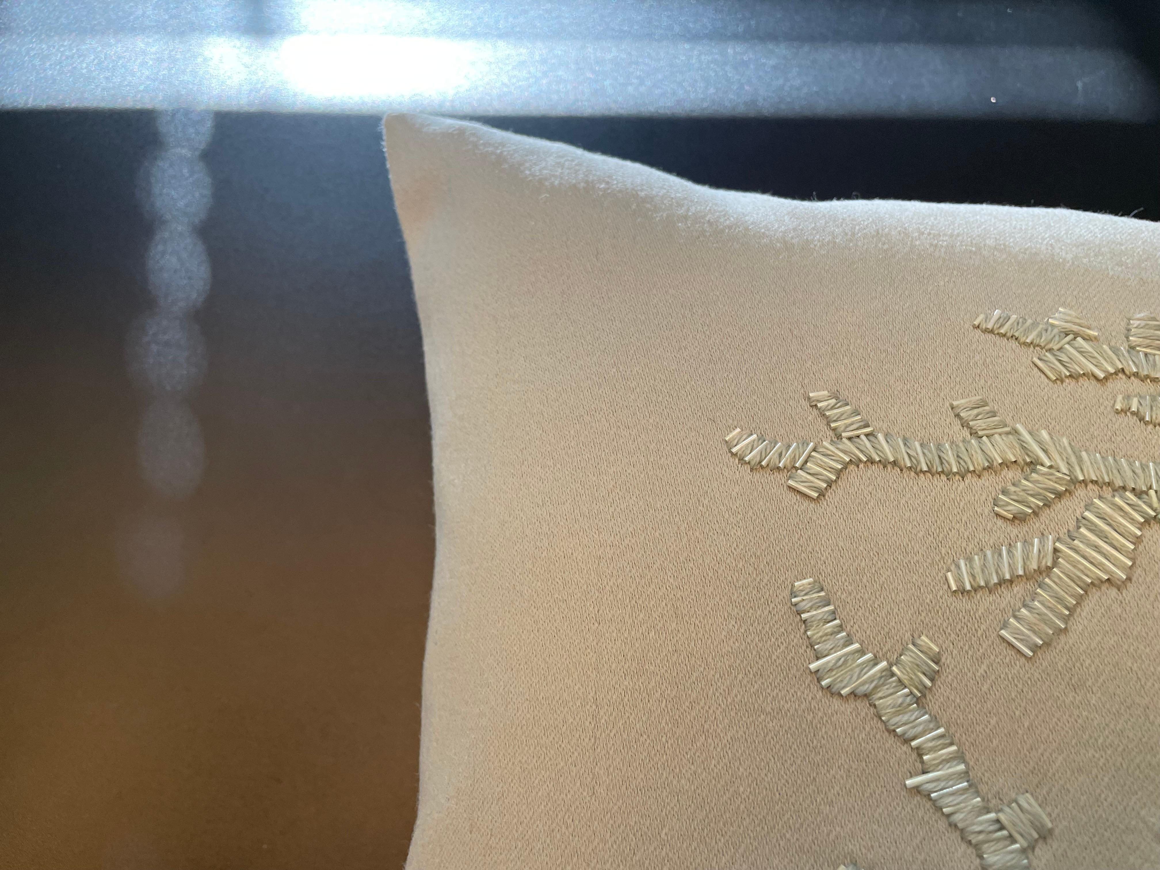 Contemporary Coal Design Cushion Hand Embroidery With Wool And Beads Color Sage For Sale 1
