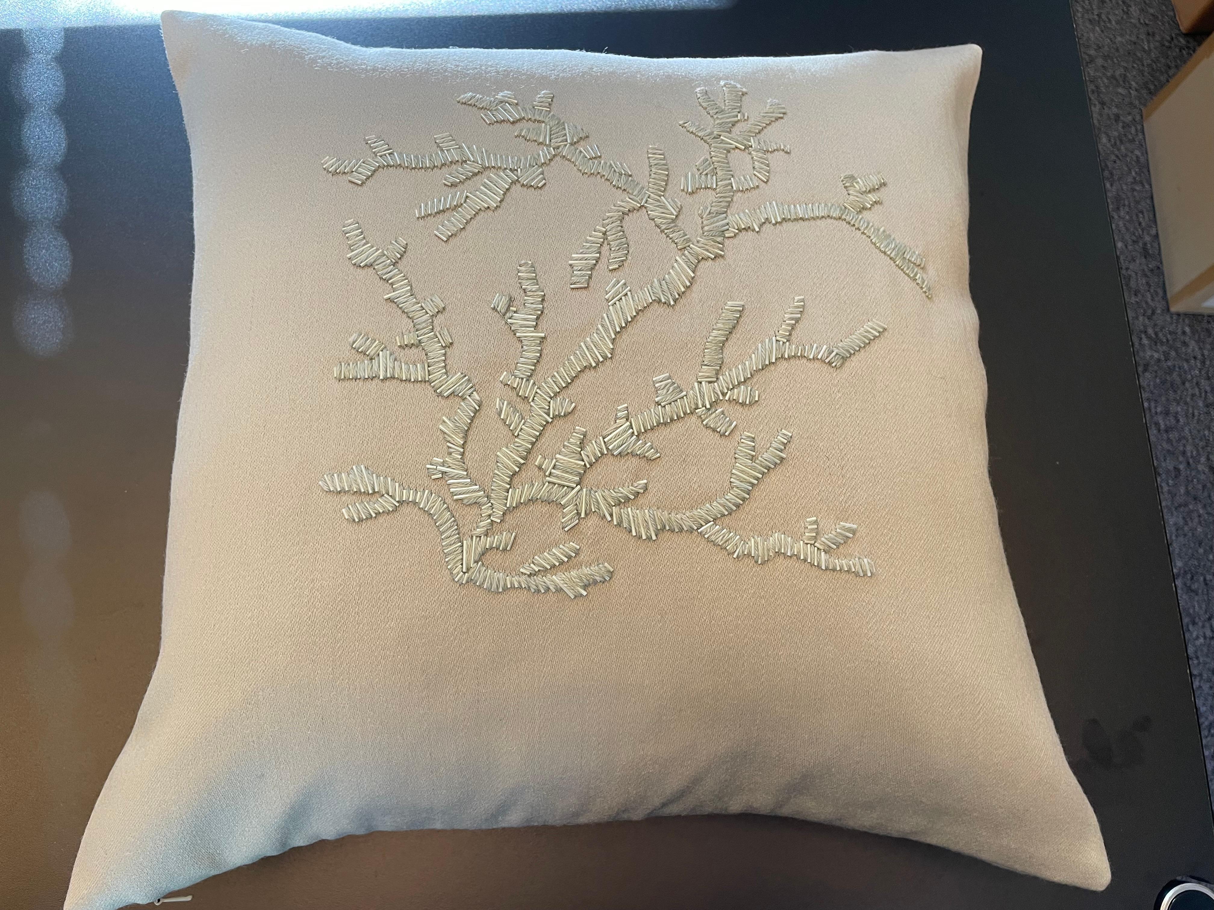 Contemporary Coal Design Cushion Hand Embroidery With Wool And Beads Color Sage For Sale 3