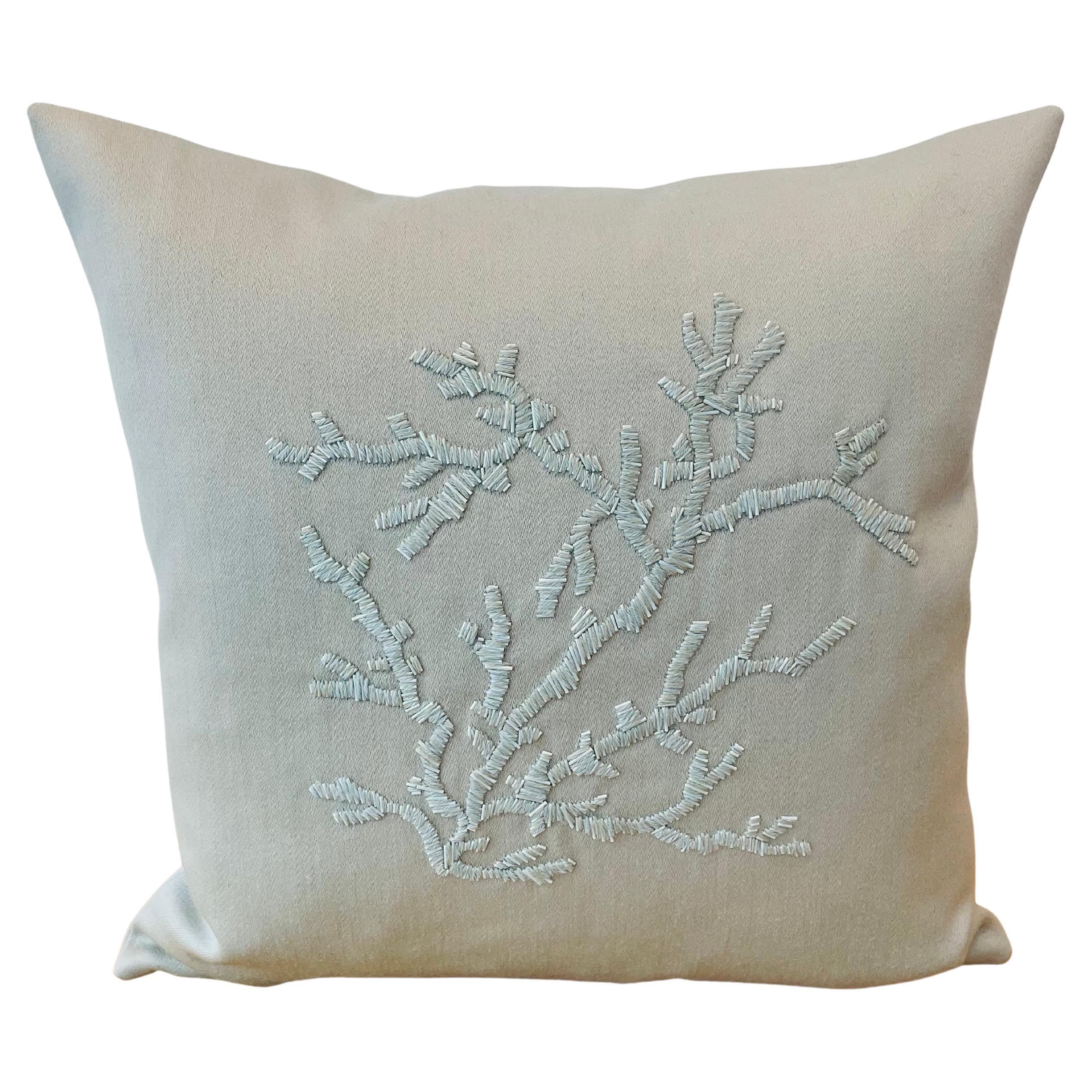 Contemporary Coal Design Cushion Hand Embroidery With Wool And Beads Color Sage For Sale