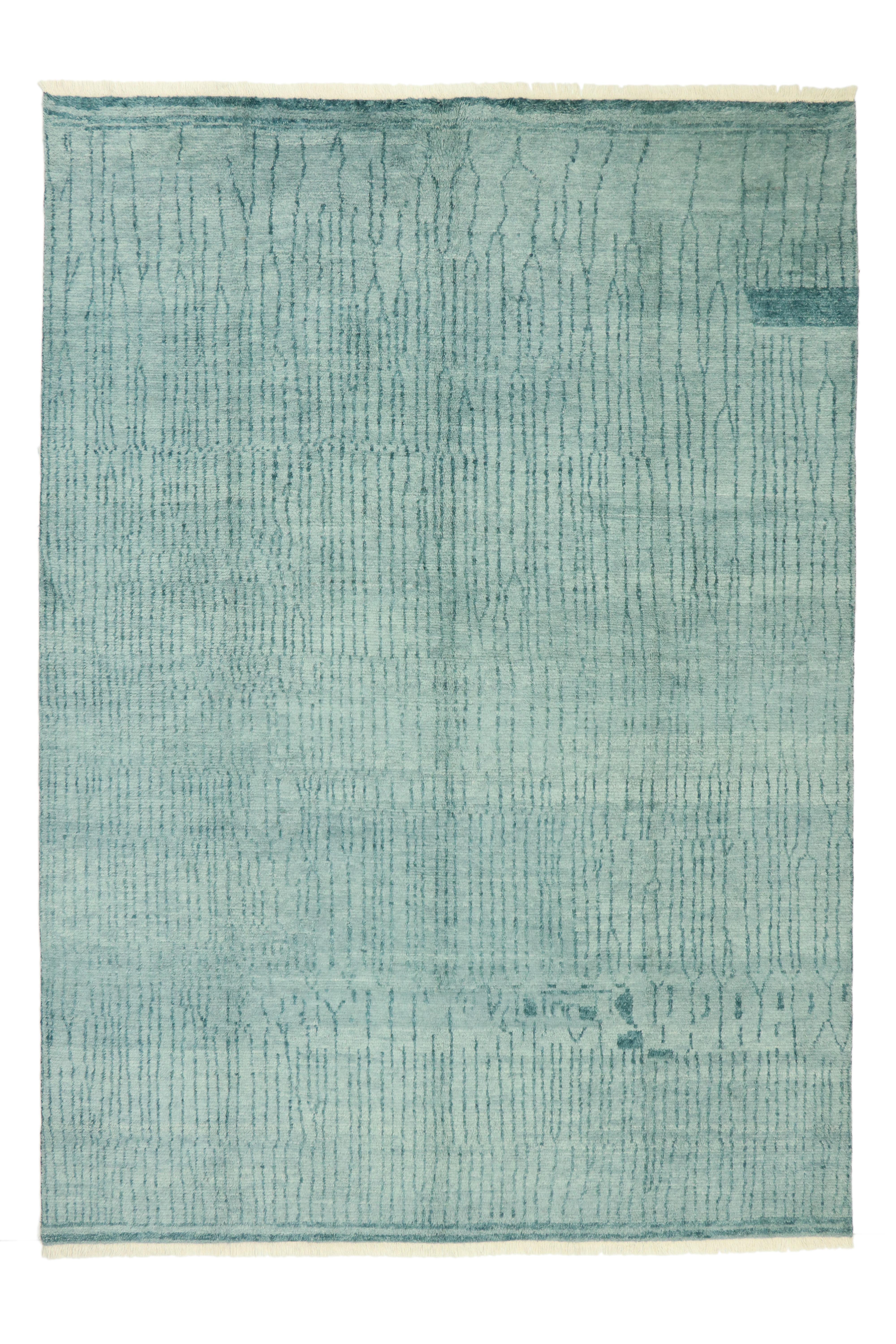 30357  Contemporary Coastal Moroccan Style Rug, Postmodern Cape Cod Style. Postmodern Cape Cod meets coastal vibe without going over the top in this contemporary Moroccan style rug. The subtle abstract design combined with the teal hues create a