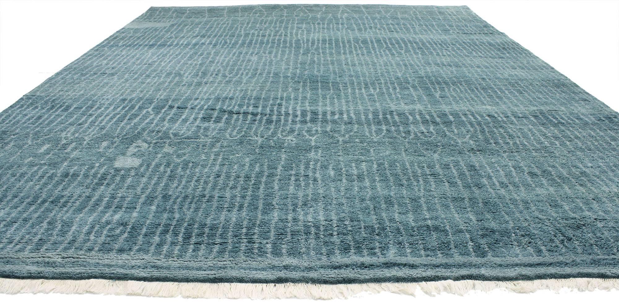 30342 New Contemporary Moroccan Area Rug with Coastal Postmodern and Beach Hygge Style. Modern Cape Cod meets coastal vibes without going over the top in this contemporary Moroccan style rug. The subtle abstract design combined with the teal hues