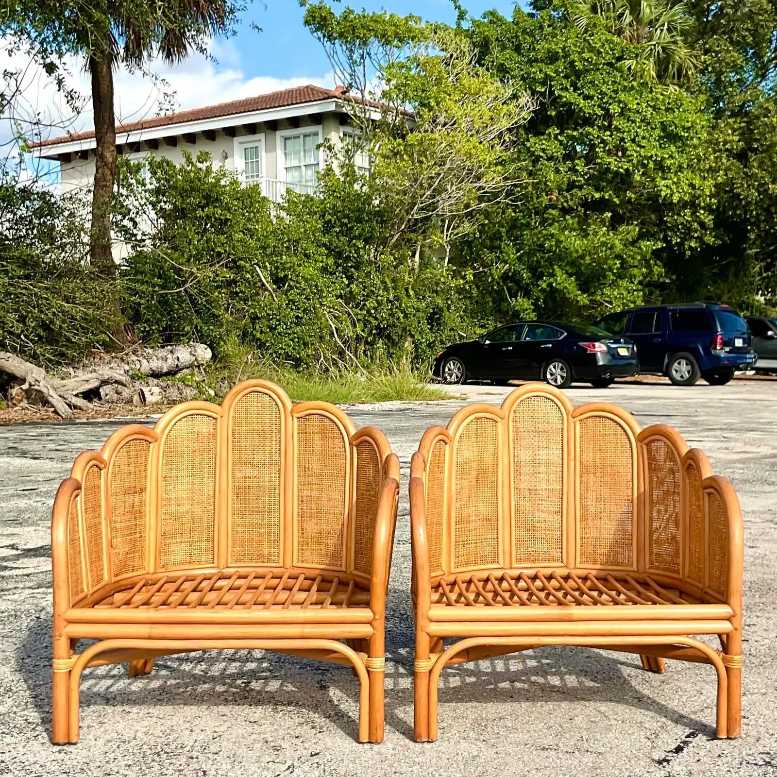 Philippine Contemporary Coastal Scalloped Cane Rattan Lounge Chairs, Pair